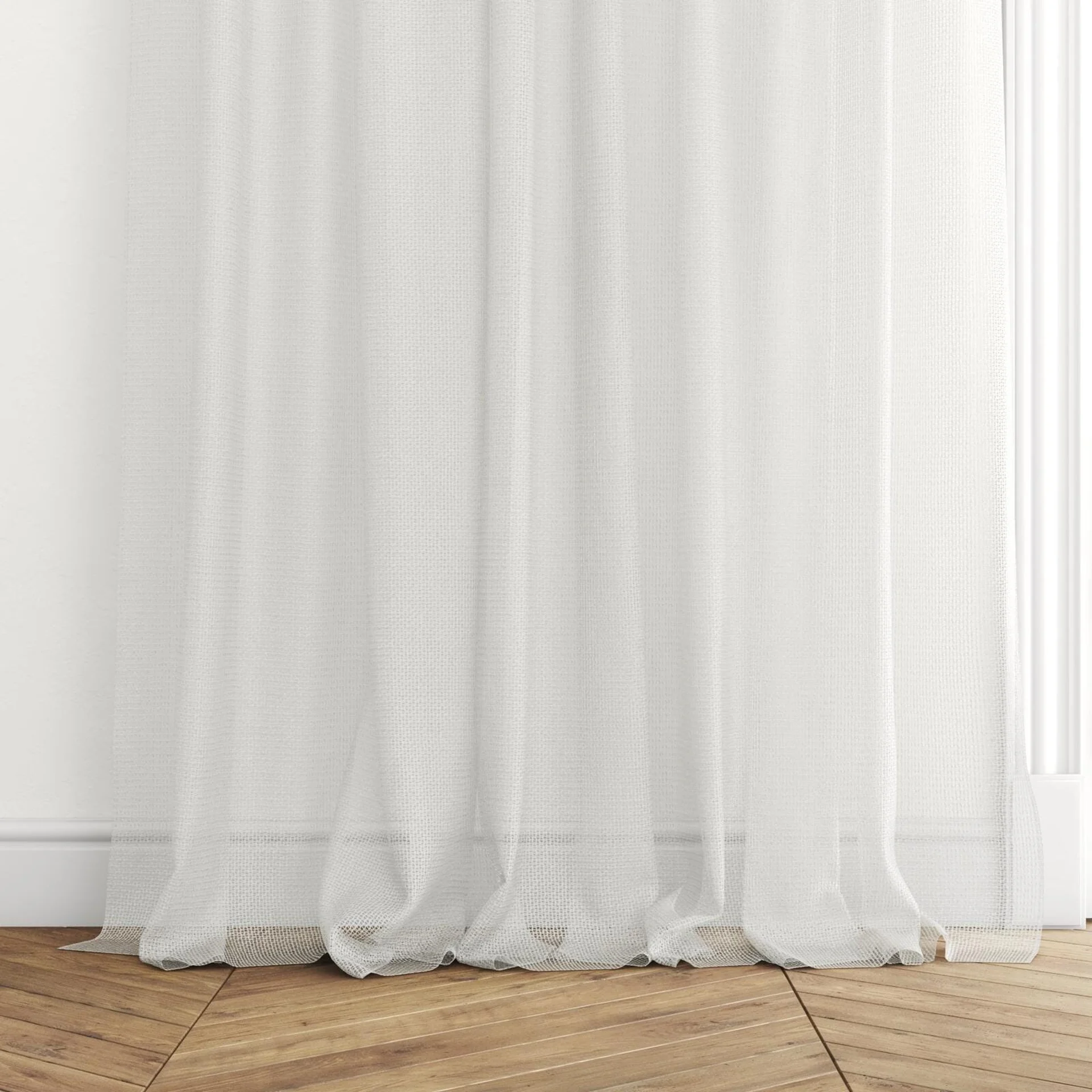 Bottom view of Cosmos Cream, puddled with pinch pleat, on curtain rod