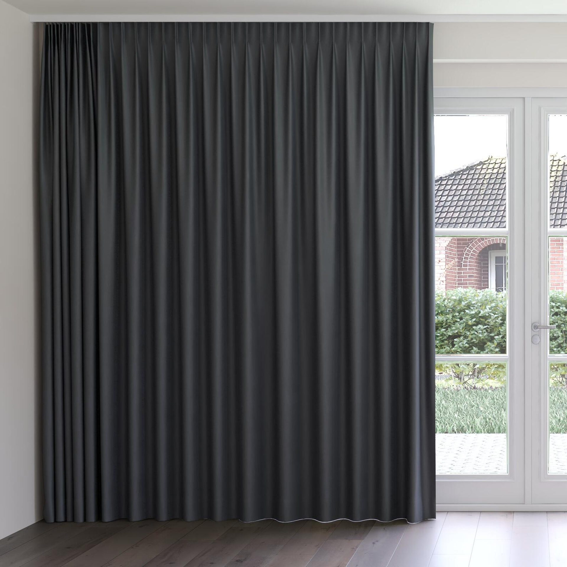 Front view of Re Delis Charcoal, on curtain rail