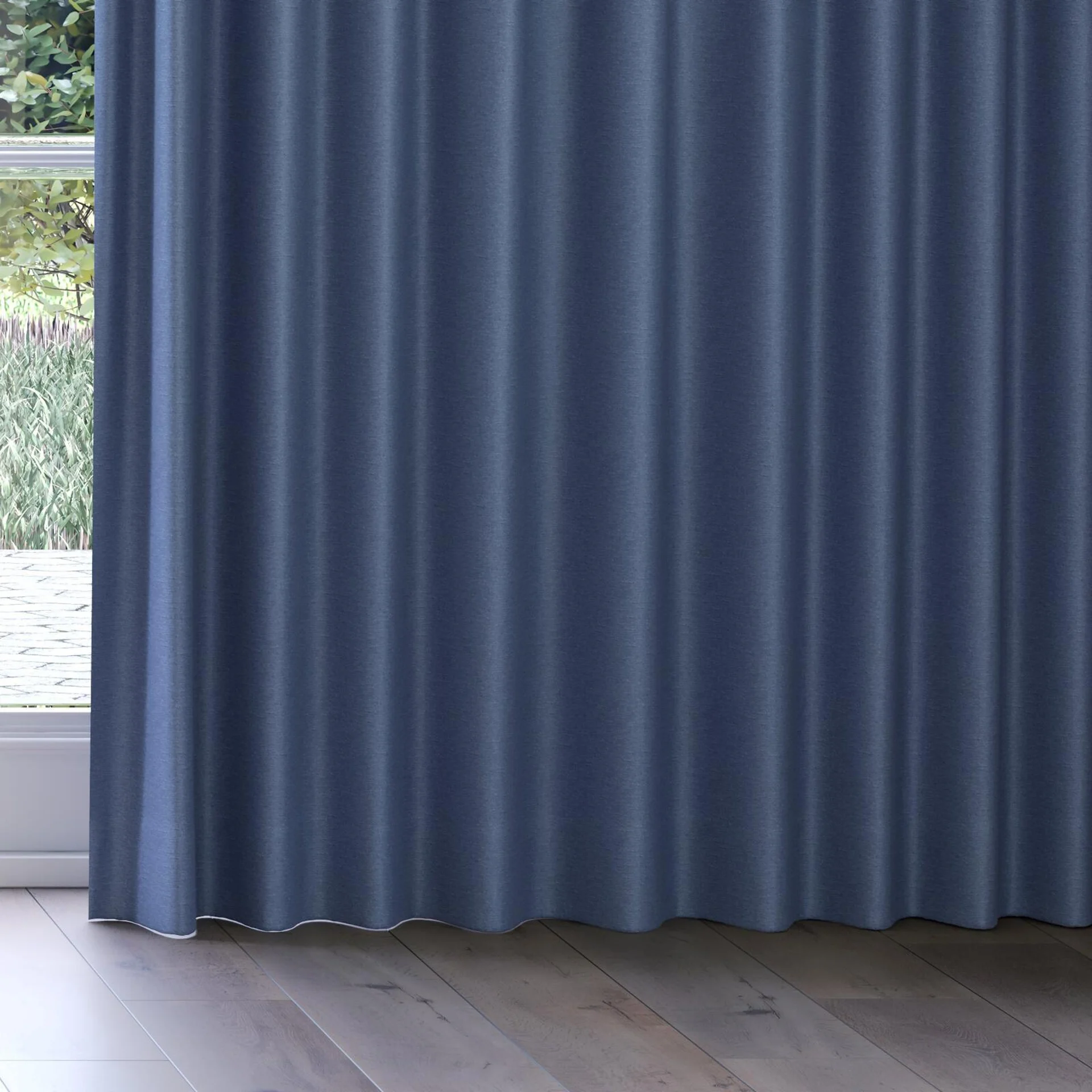 Bottom view of Duede Indigo, on curtain rail