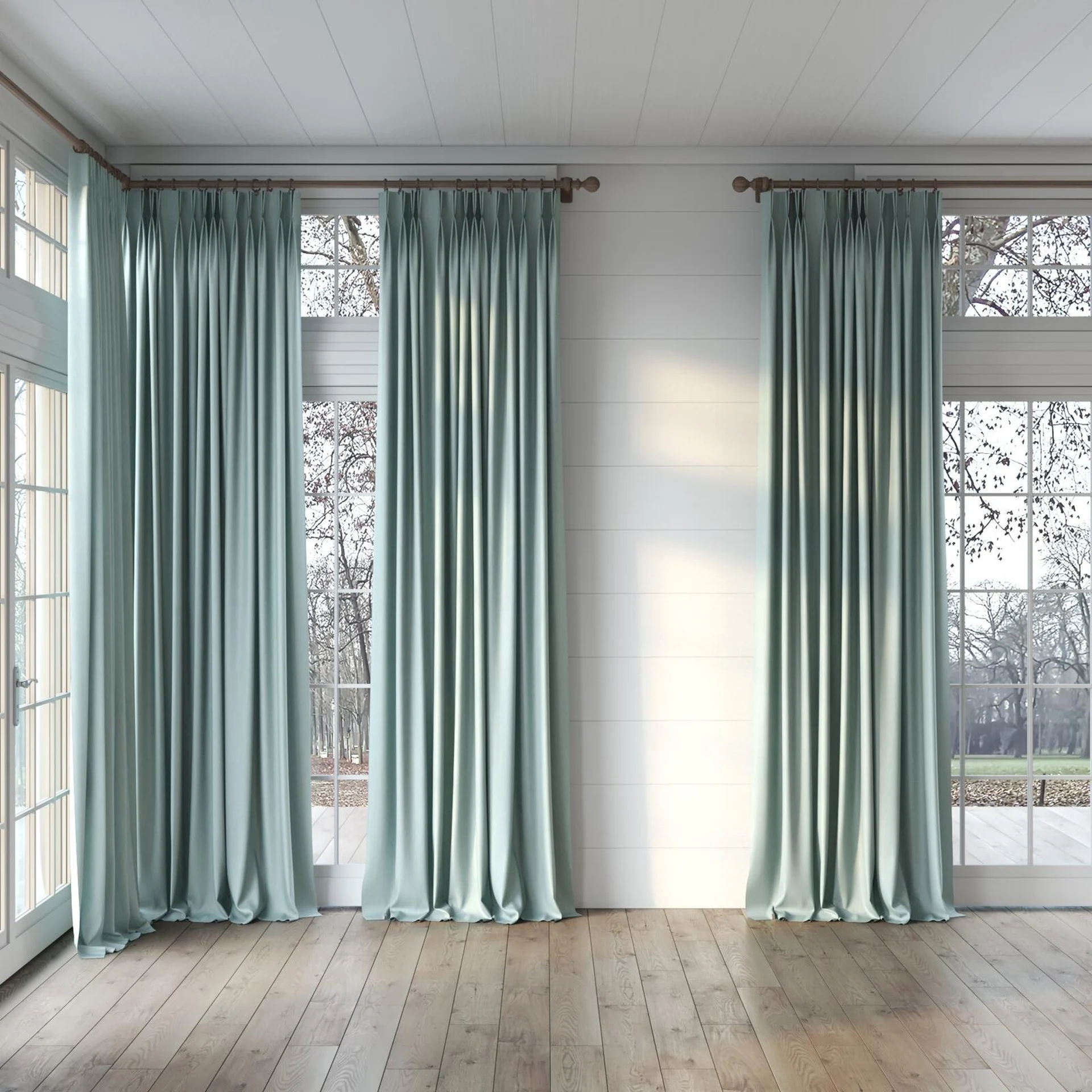 Full view of Cordoba Celadon, puddled, on curtain rod