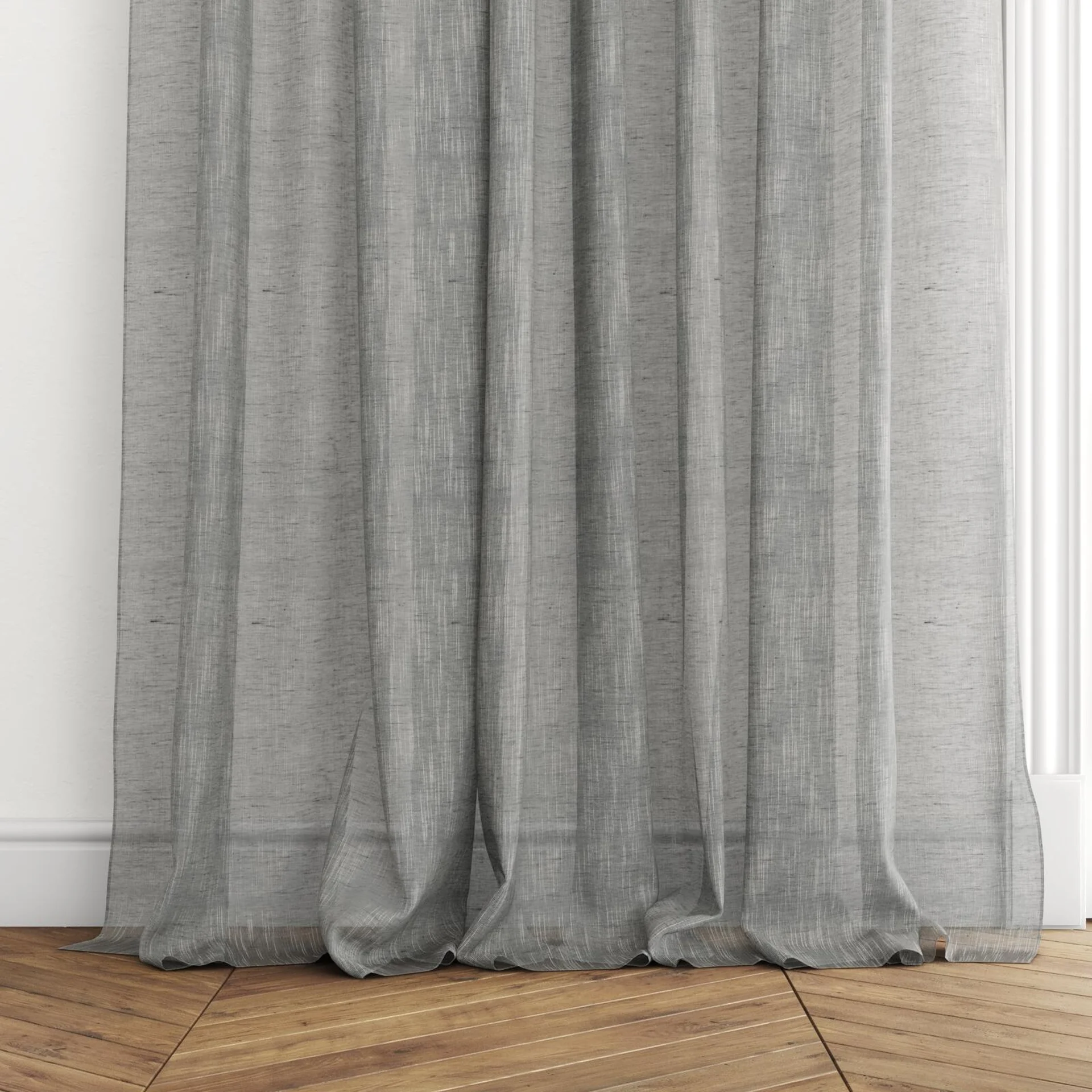 Bottom view of Rhythm Basalt, puddled with pinch pleat, on curtain rod