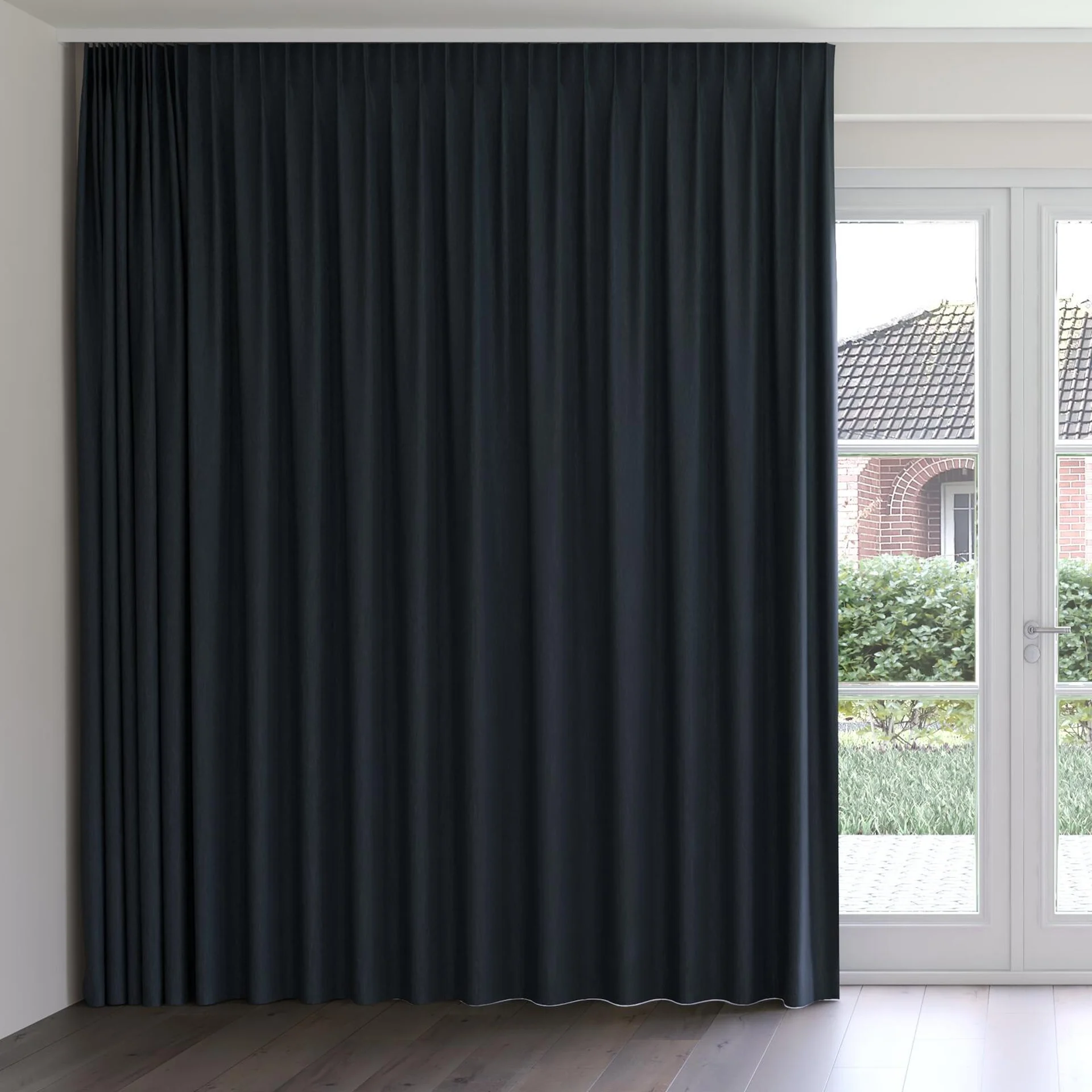 Front view of Tuxedo Ink, on curtain rail