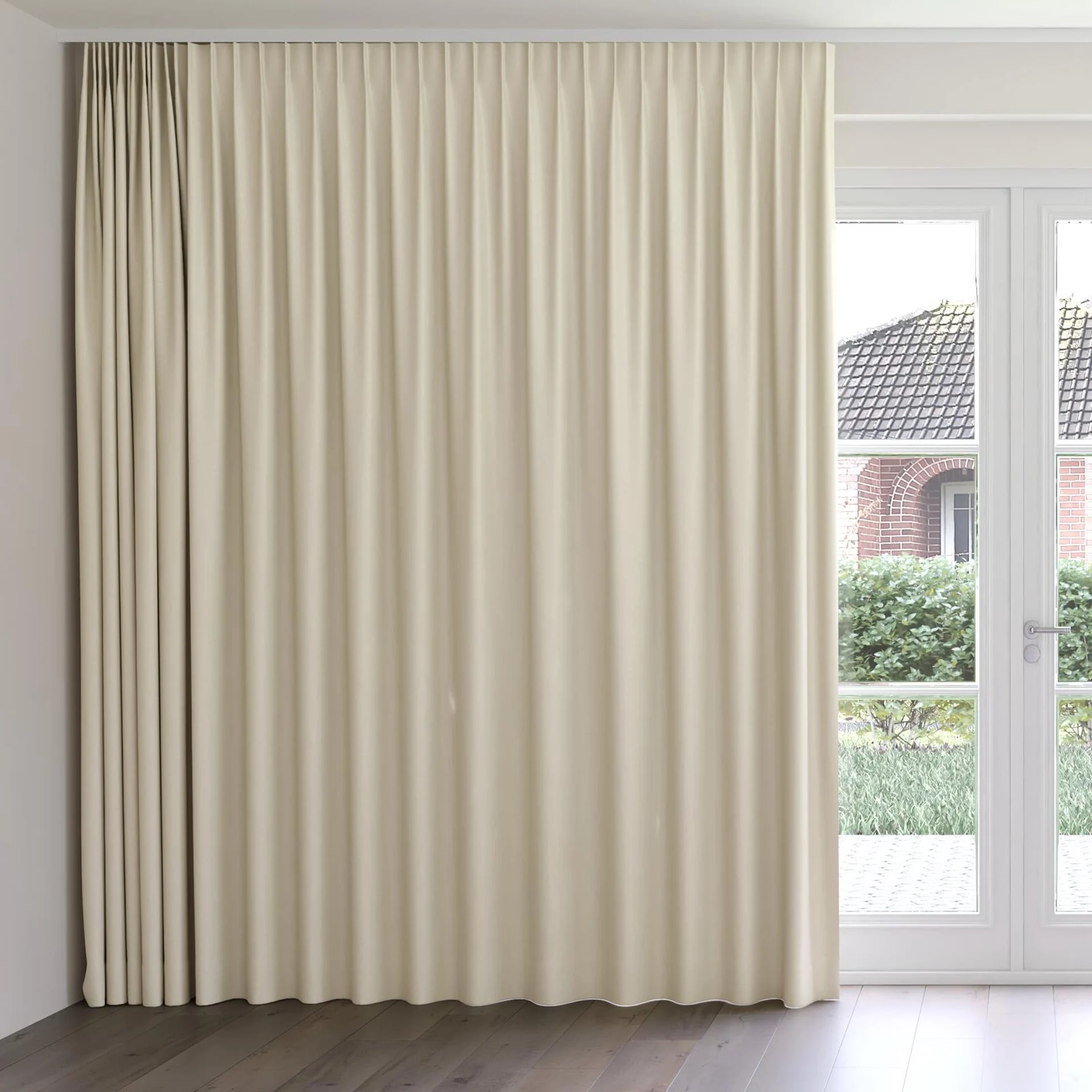 Front view of Recharge Beige, on curtain rail