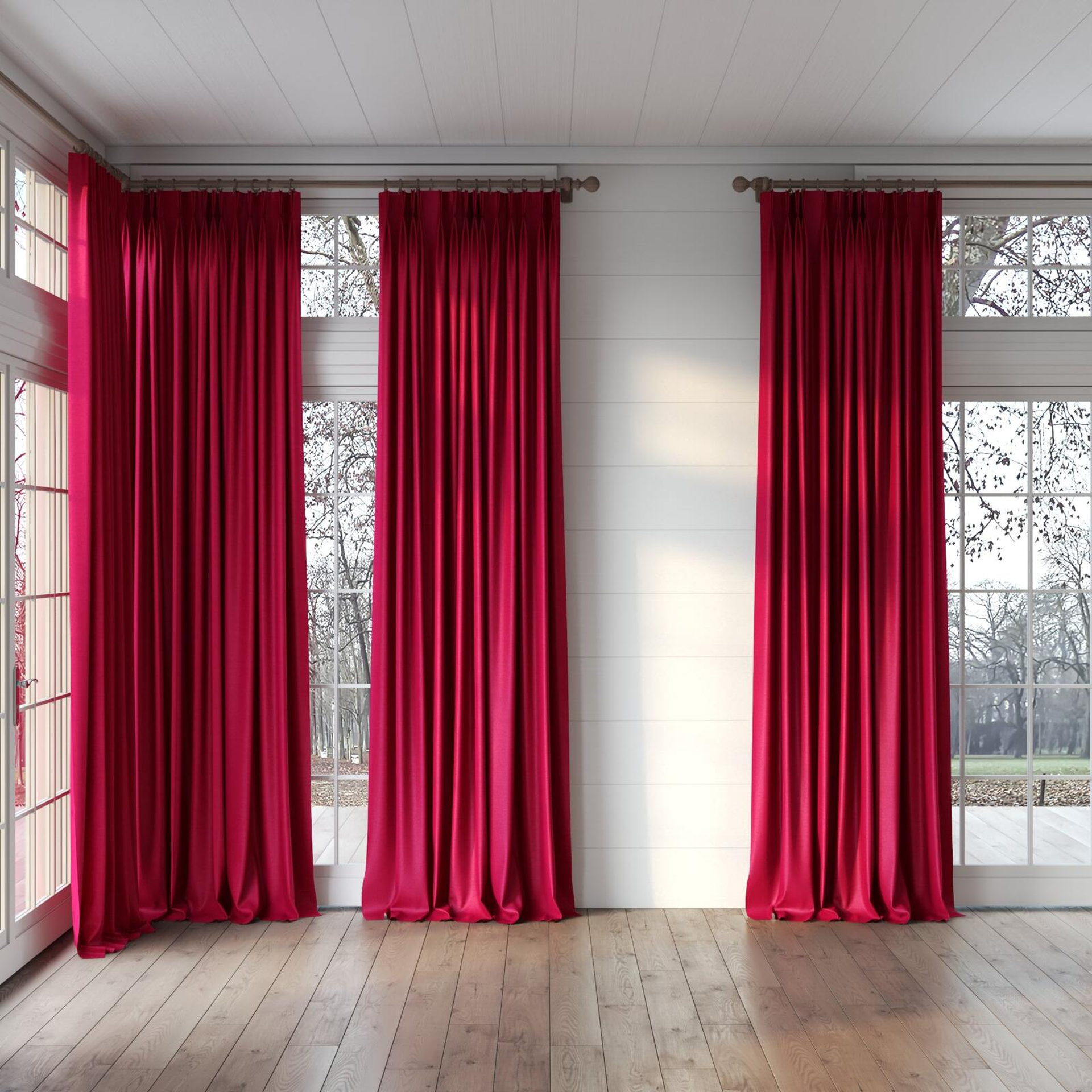 Full view of Drama Magenta, puddled, on curtain rod