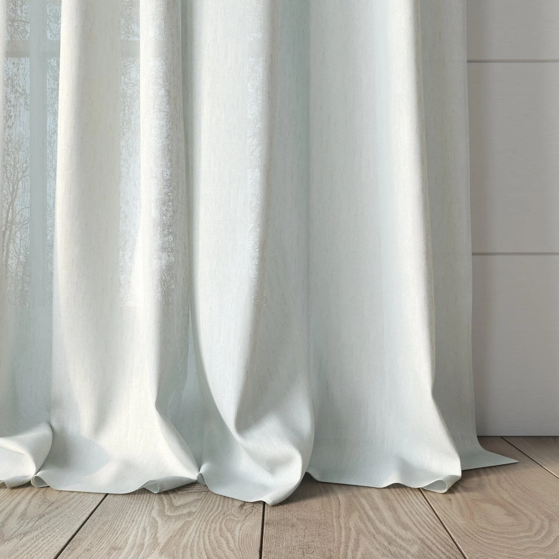 Bottom view of Axis FR Linen, puddled, on curtain rod