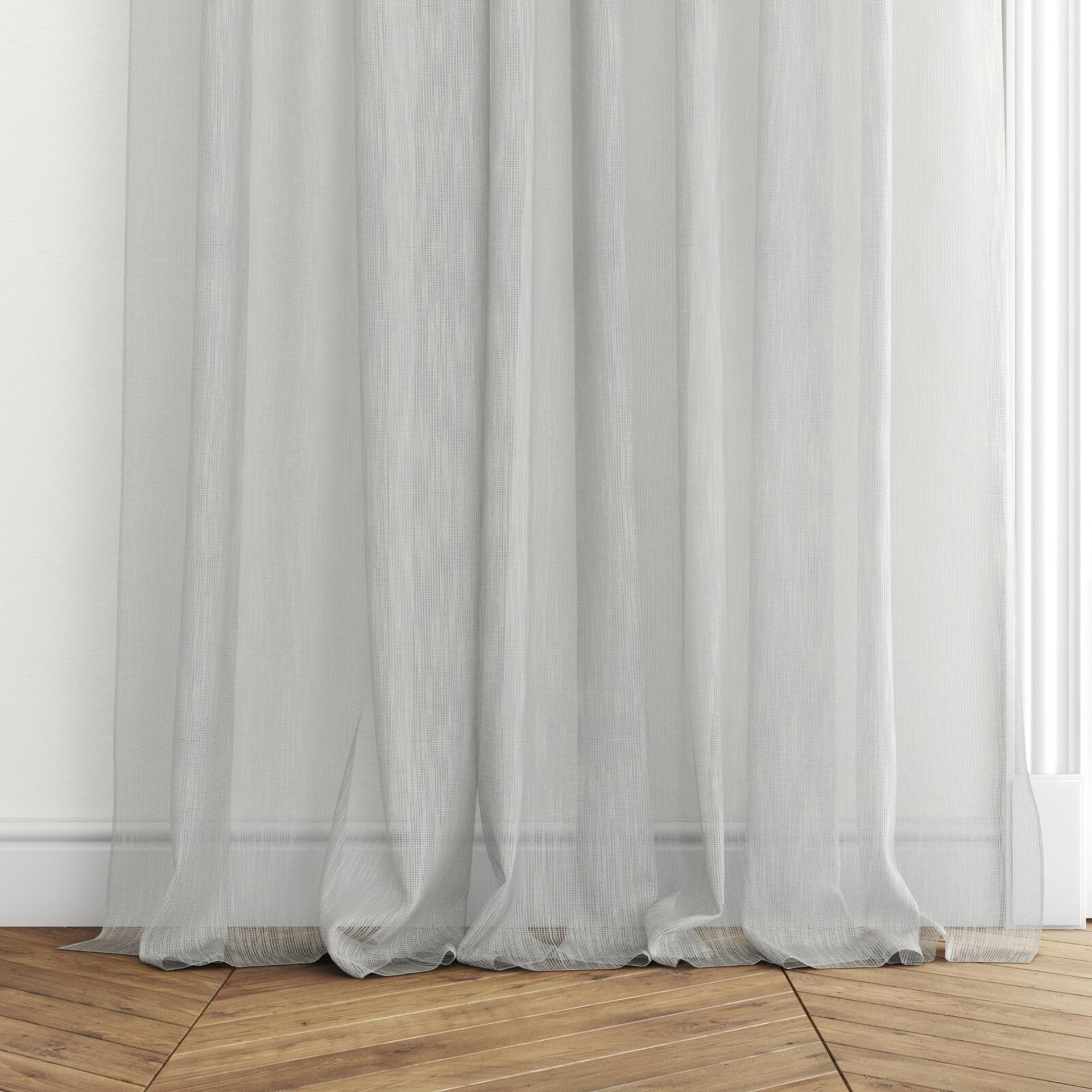 Bottom view of Alliance FR Mineral, puddled with pinch pleat, on curtain rod