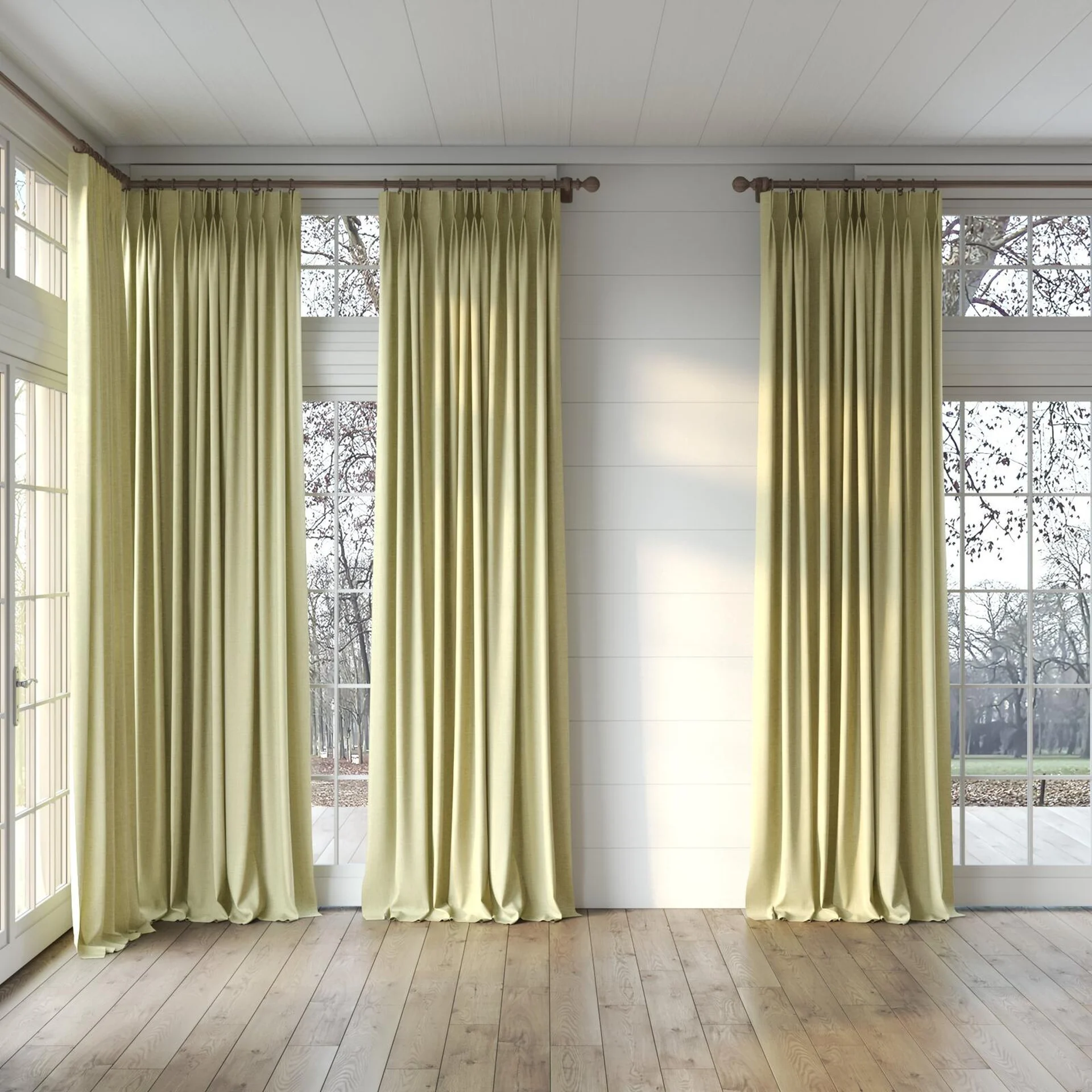 Full view of Mauritius Linden, puddled, on curtain rod