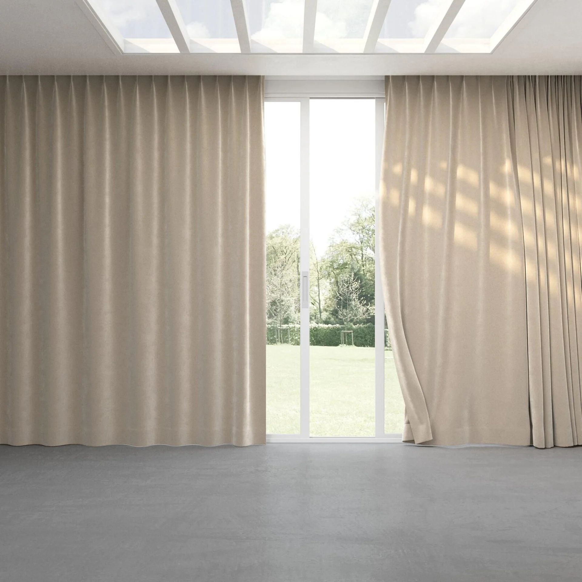 Full view of Velvelux Putty, pinch pleat