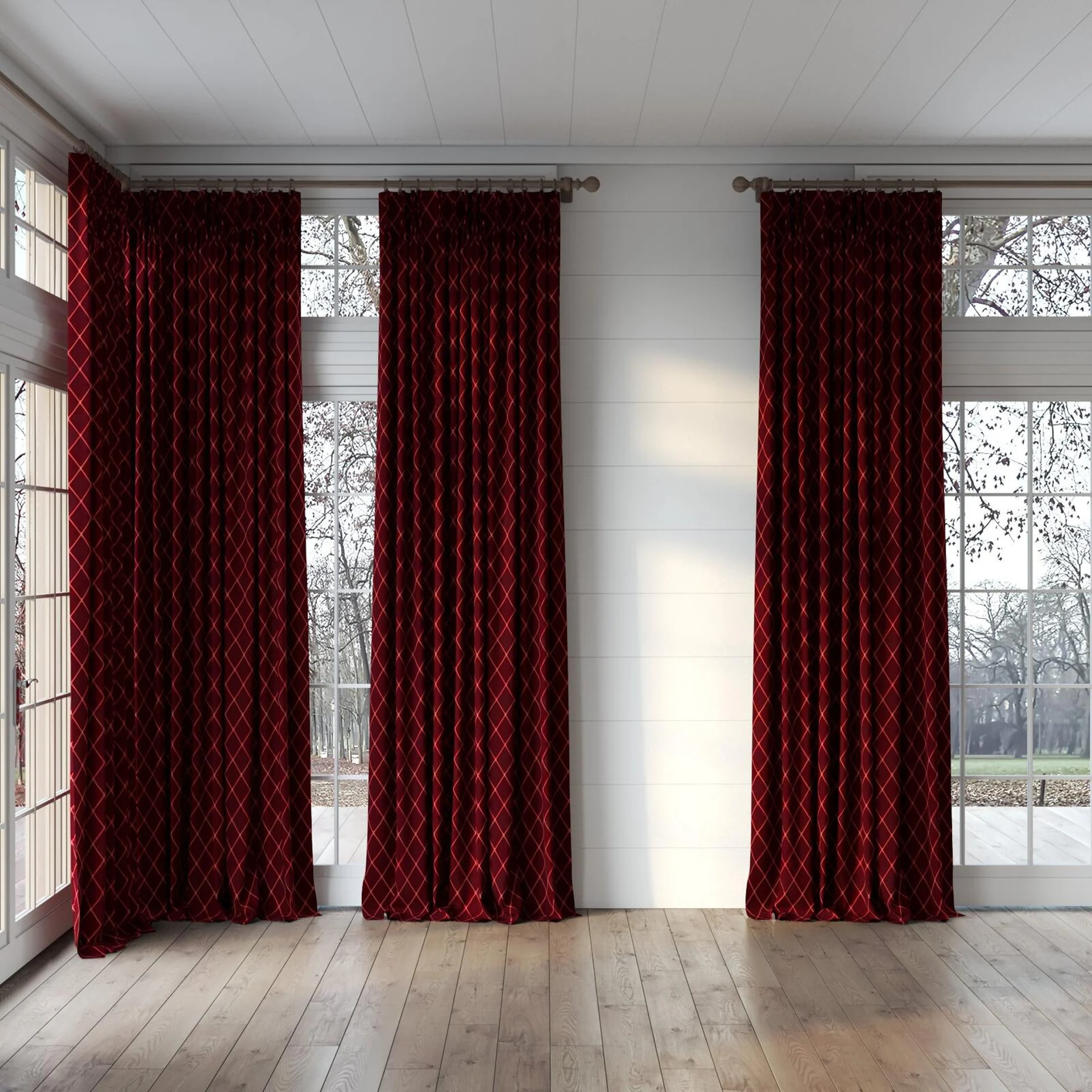 Full view of Pantheon Chardonnay, puddled, on curtain rod