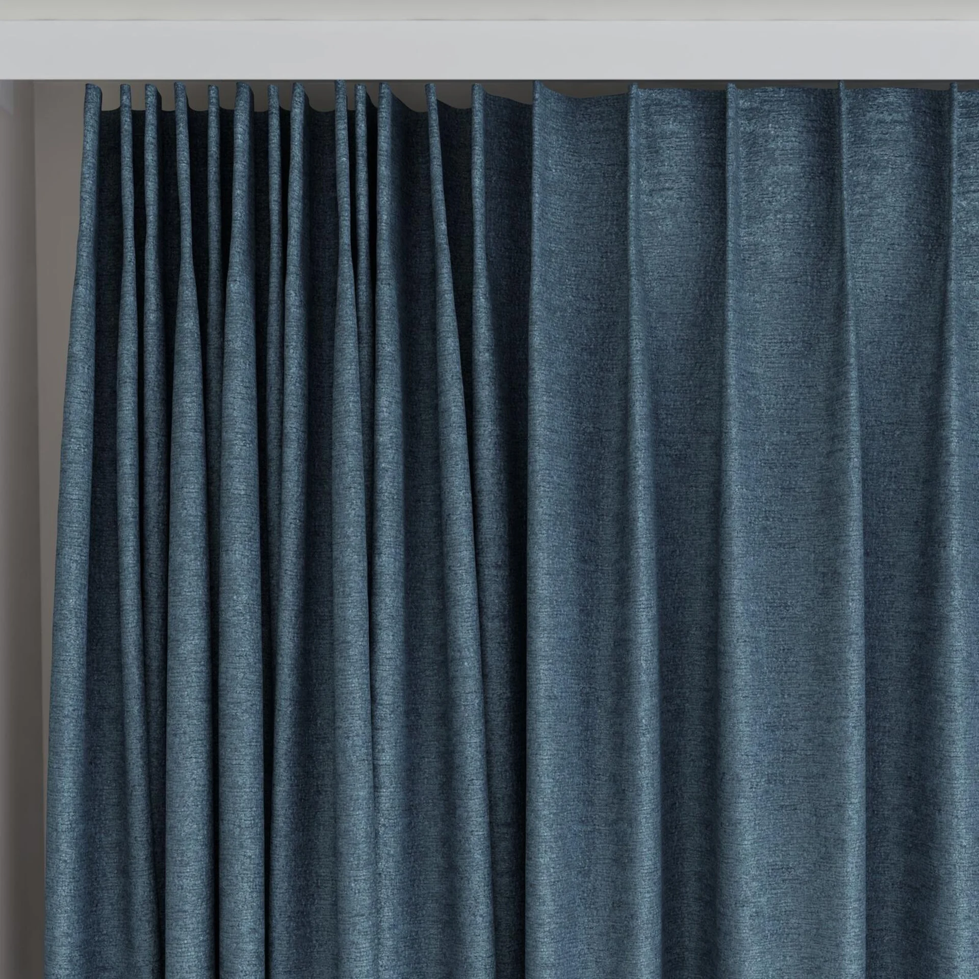 Top view of Monsieur Teal, on curtain rail