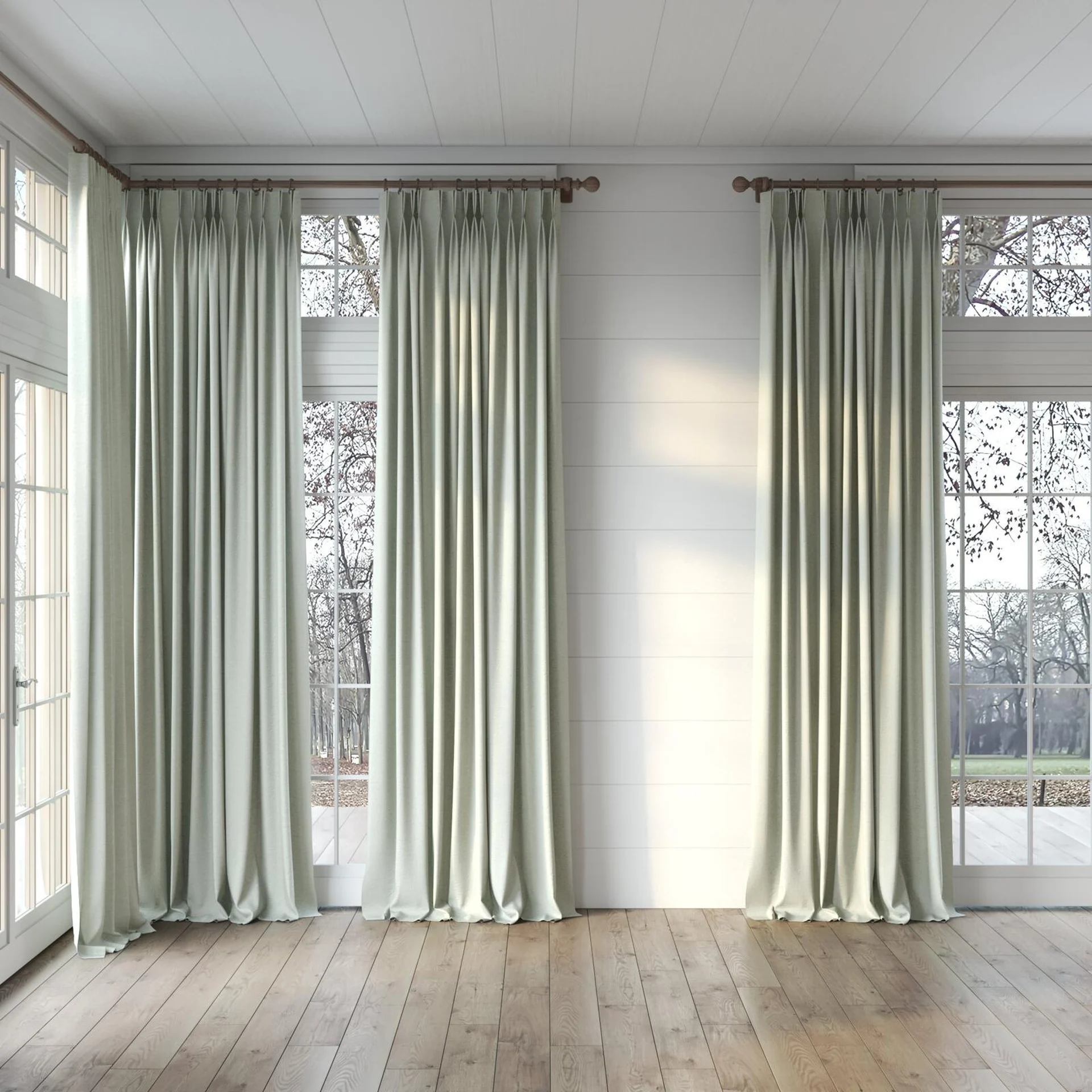 Full view of Obi Stonewash Sage, puddled, on curtain rod