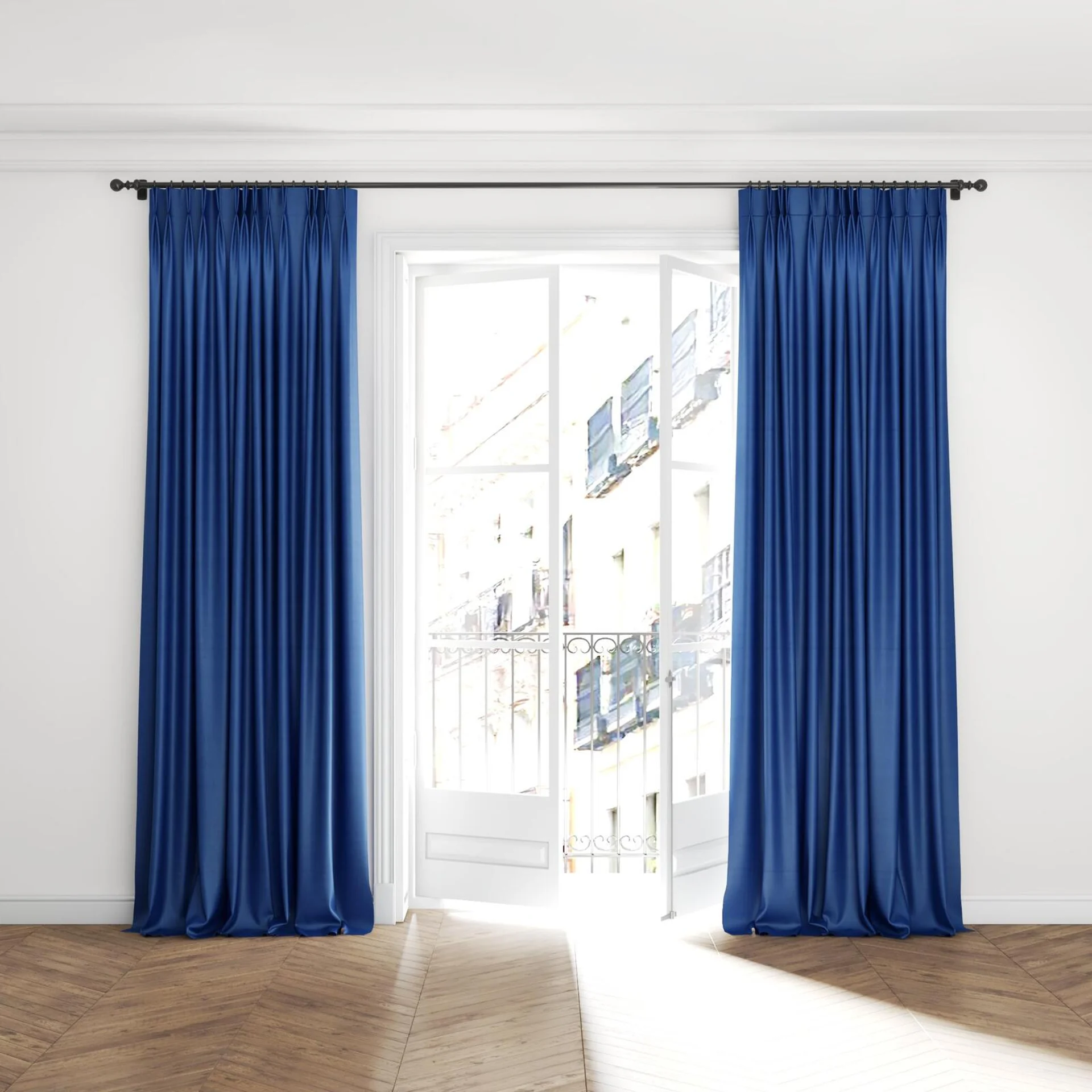 Full view of Warlock Marine, puddled with pinch pleat, on curtain rod