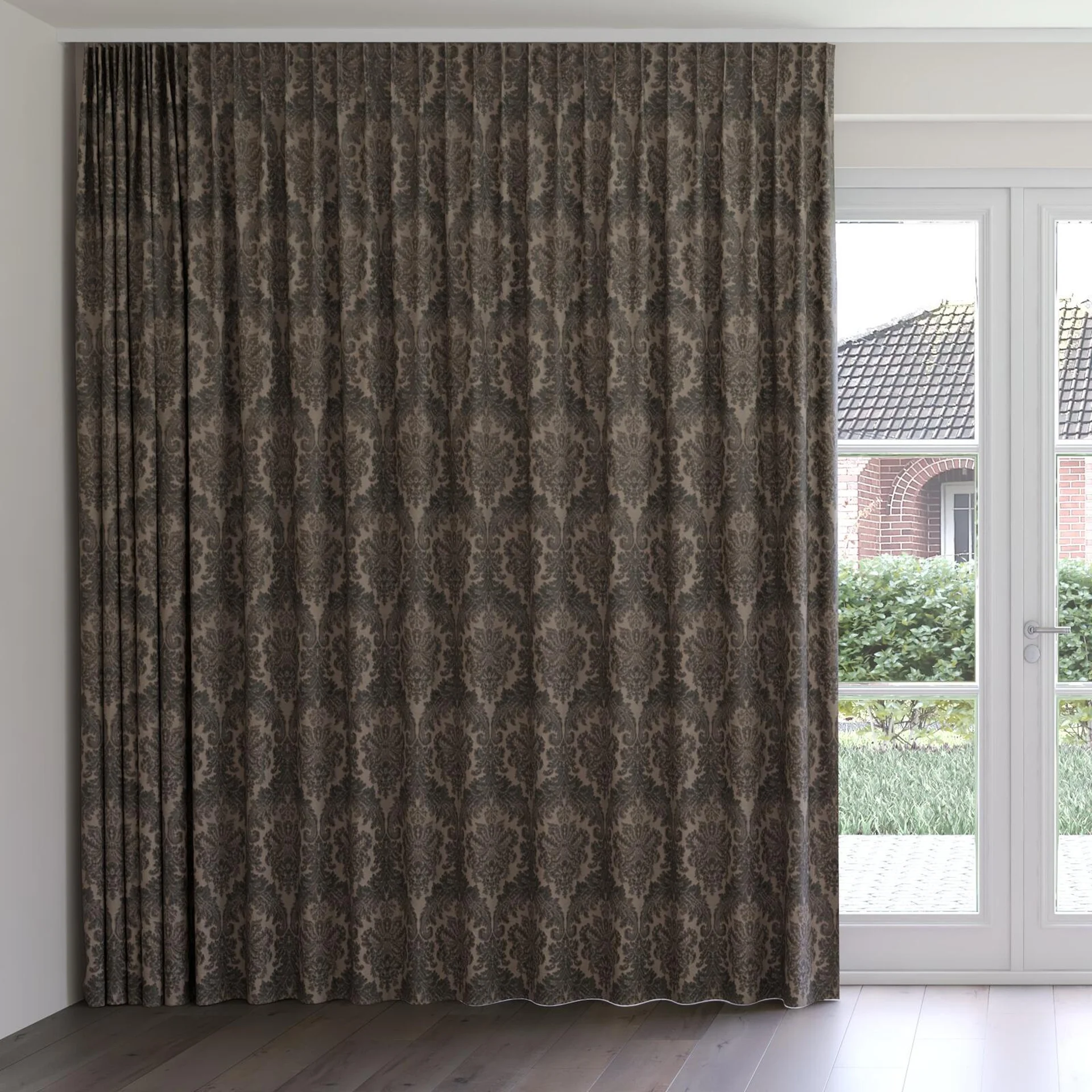 Front view of Gosh Shark, on curtain rail