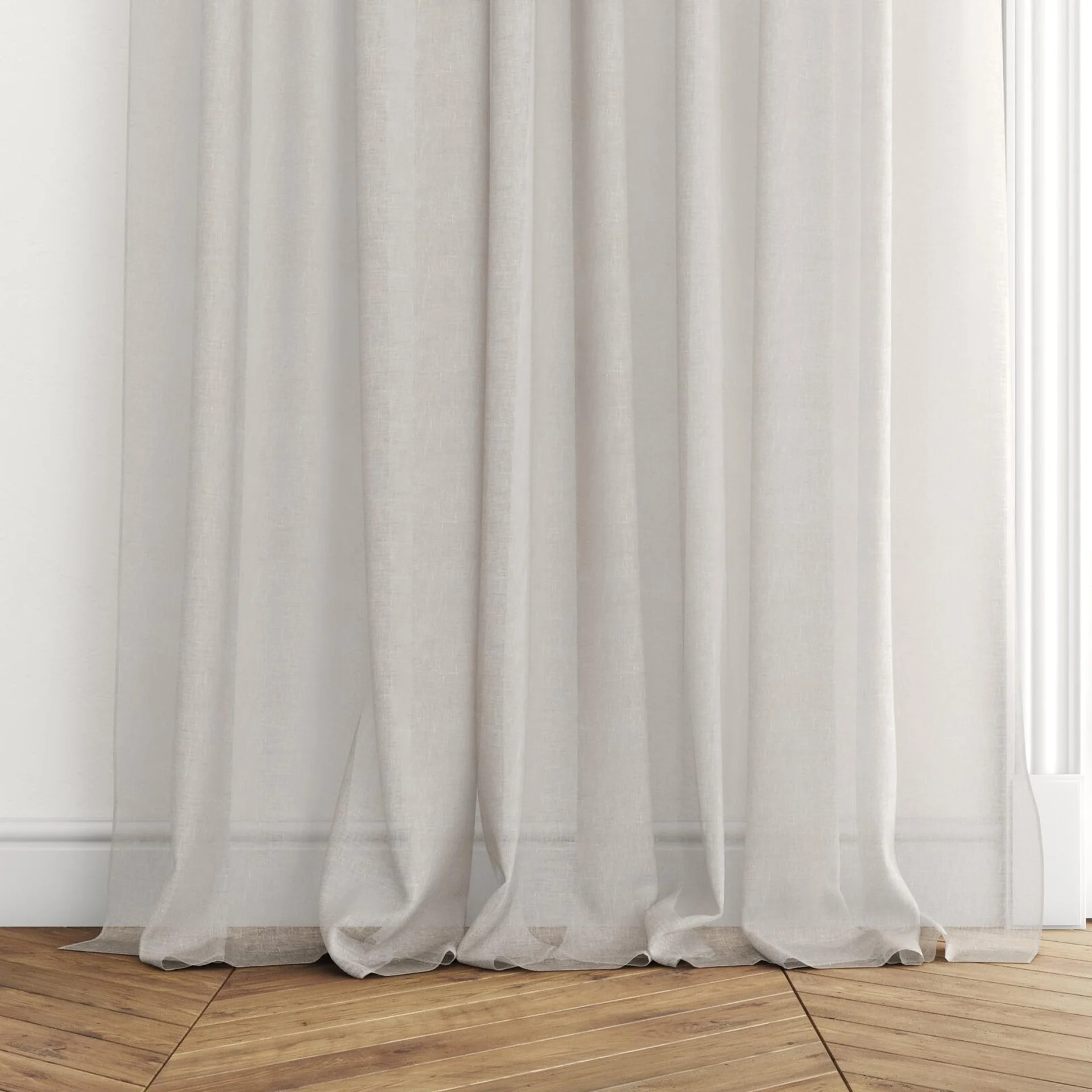 Bottom view of Enso Linen, puddled with pinch pleat, on curtain rod