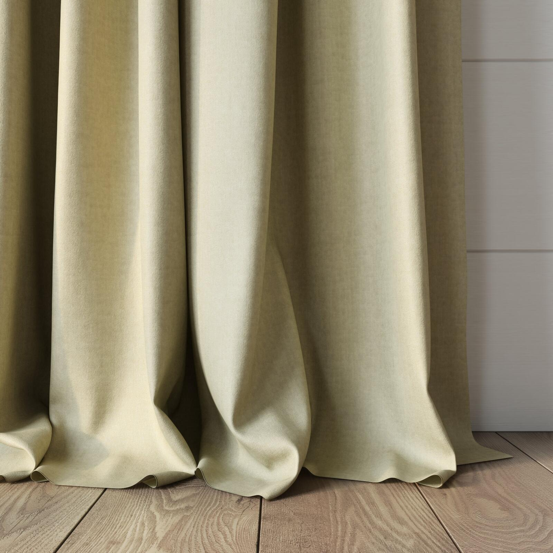 Bottom view of Cushy Sand, puddled, on curtain rod