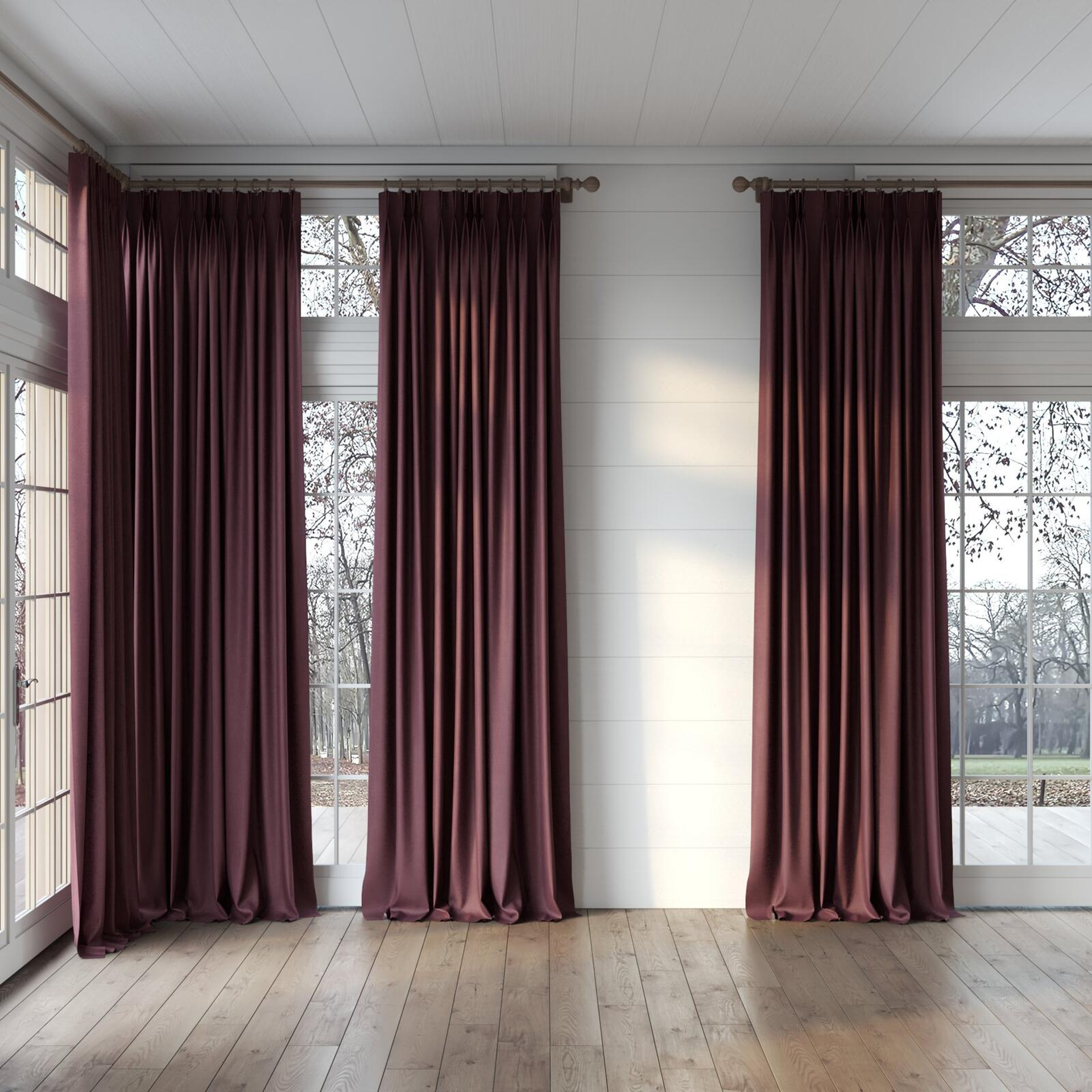 Full view of Bronco Aubergine, puddled, on curtain rod