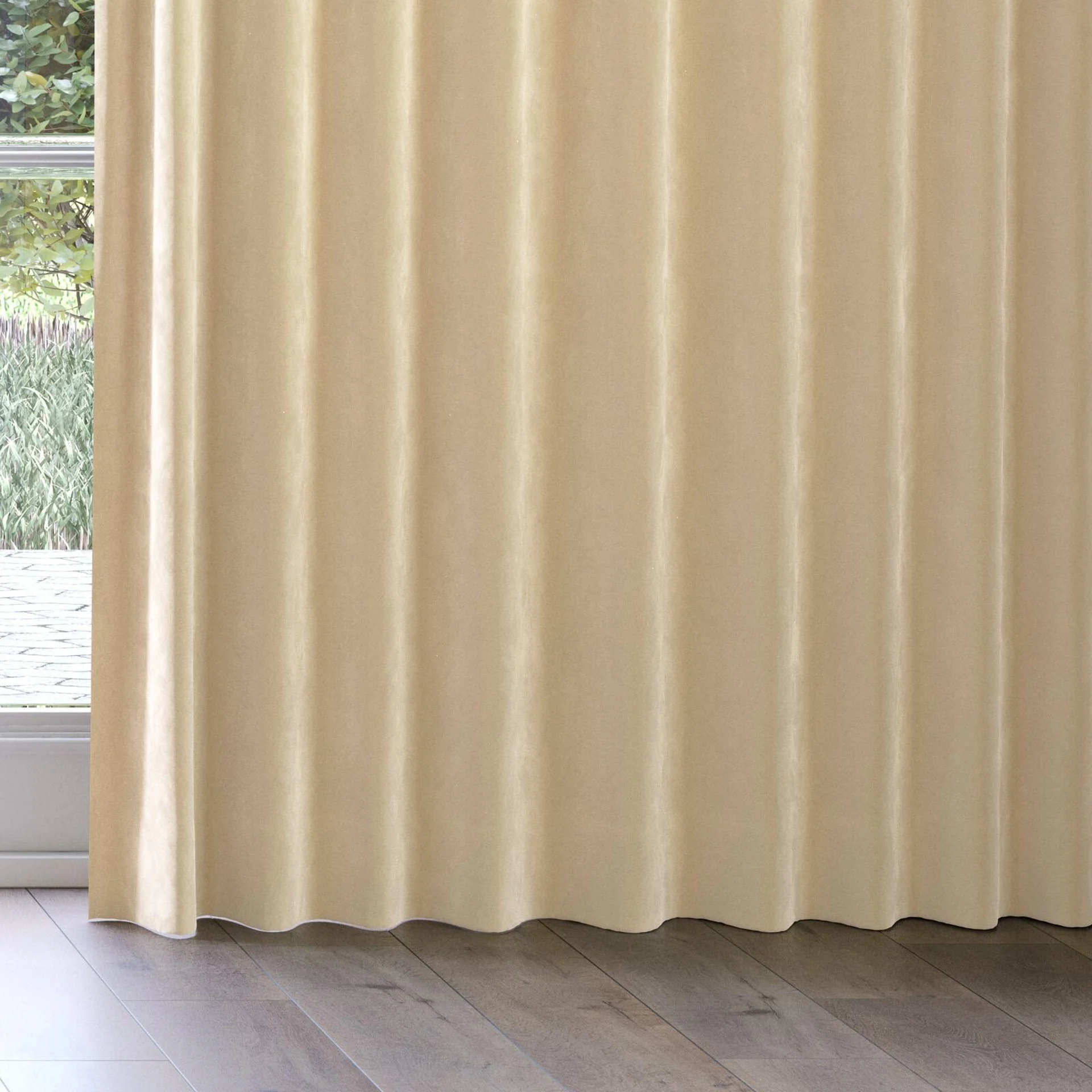 Bottom view of Lux Velvet Linen 8302, on curtain rail