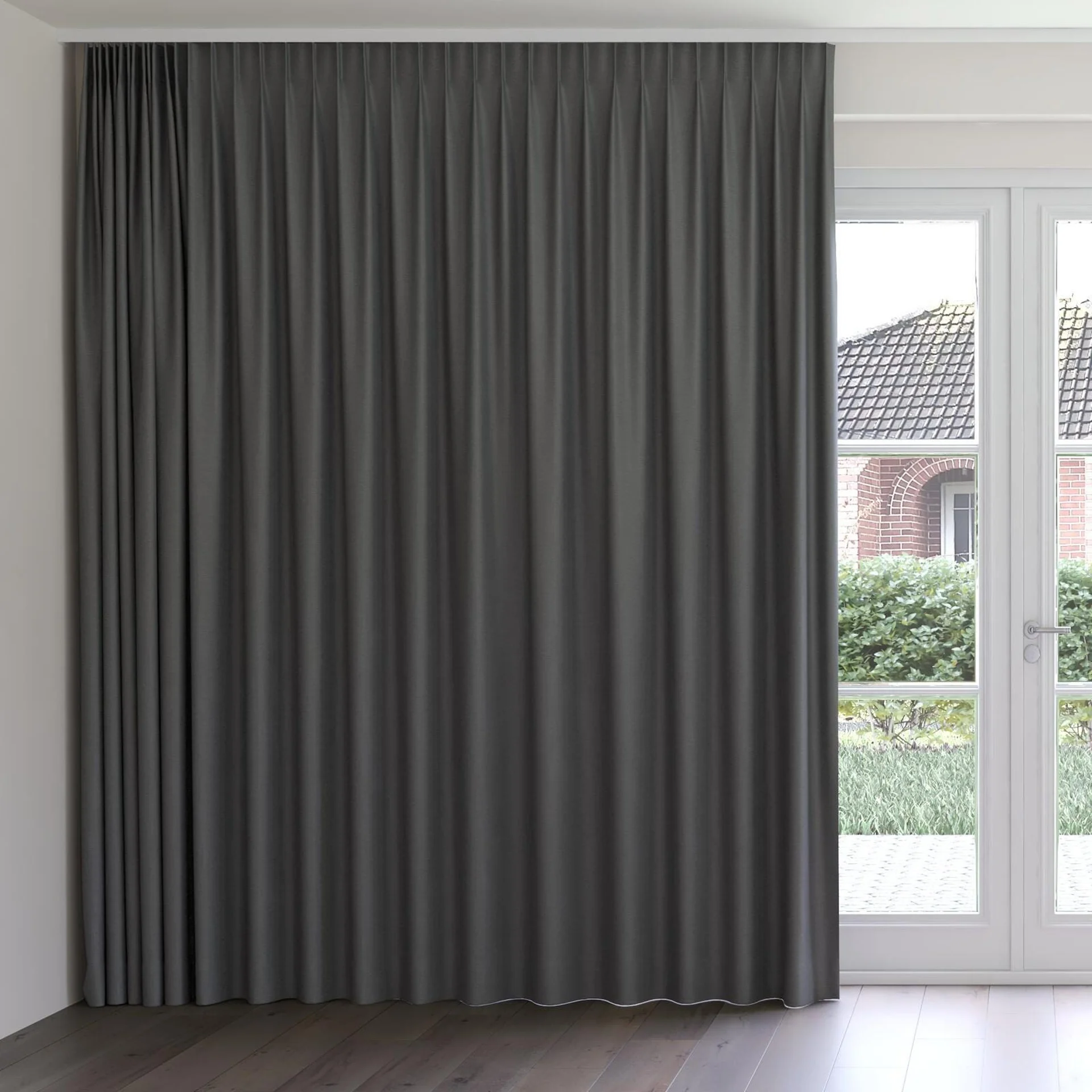 Front view of Duede Charcoal, on curtain rail