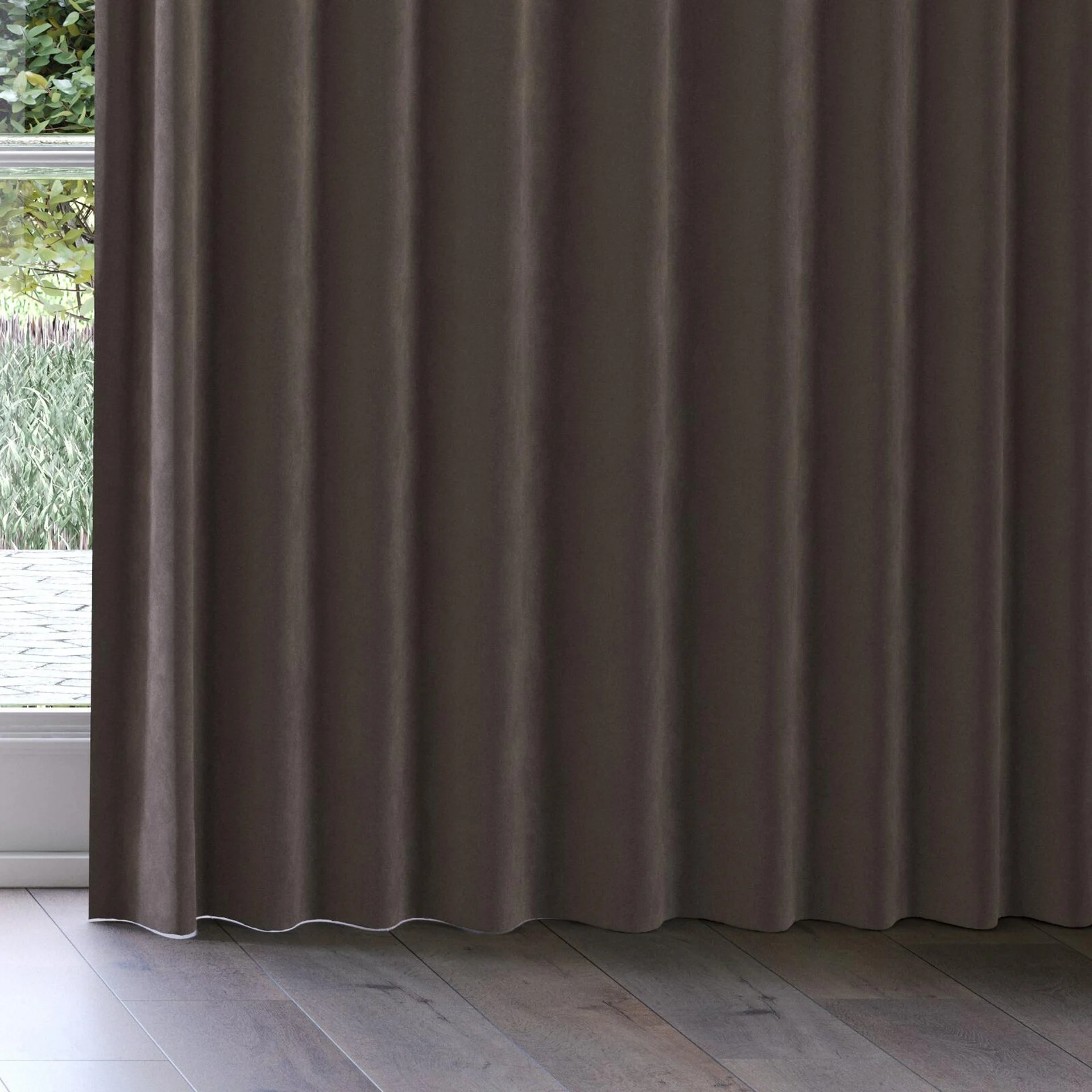 Bottom view of Lux Velvet Mocha 8705, on curtain rail