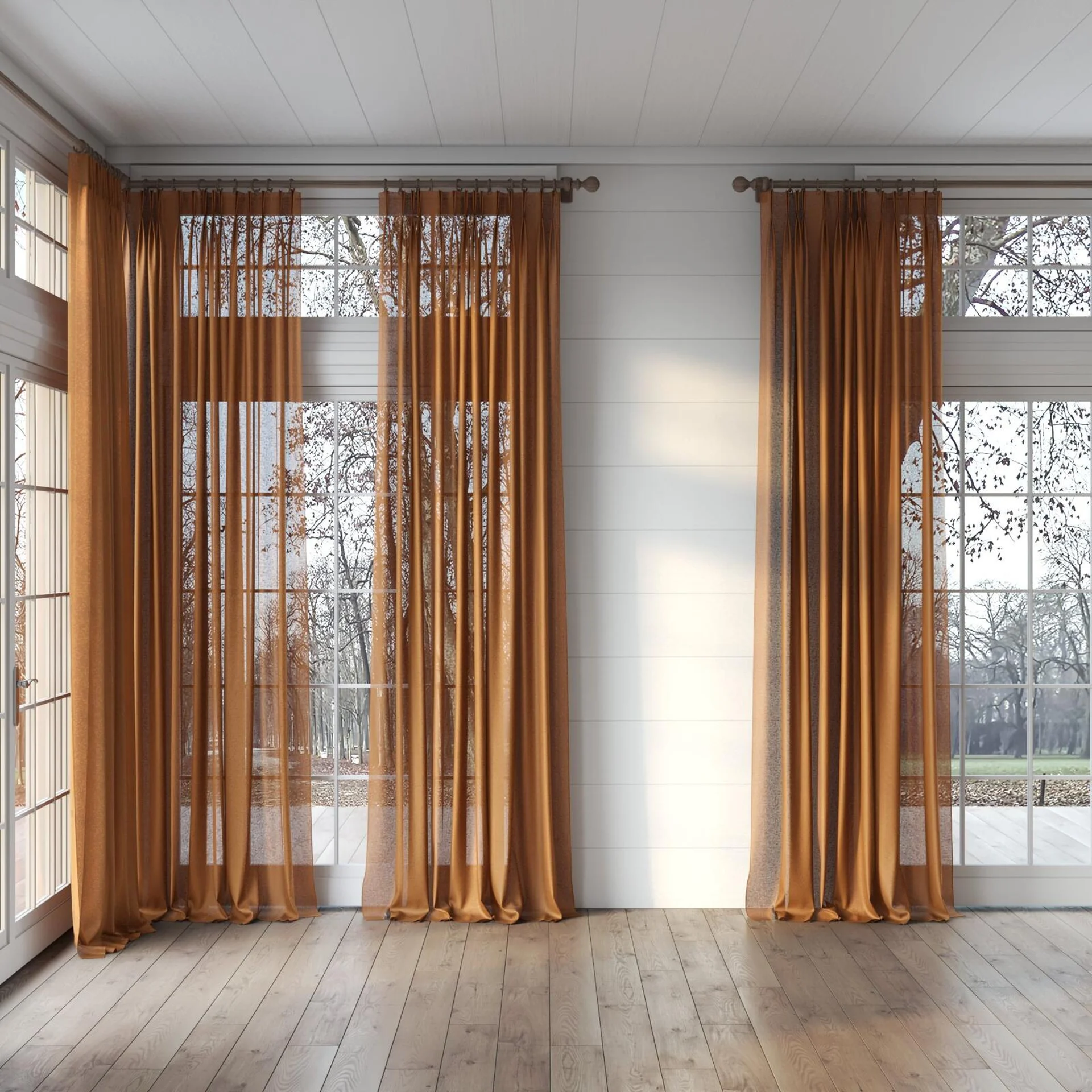 Full view of Laconia Air Terracotta, puddled, on curtain rod