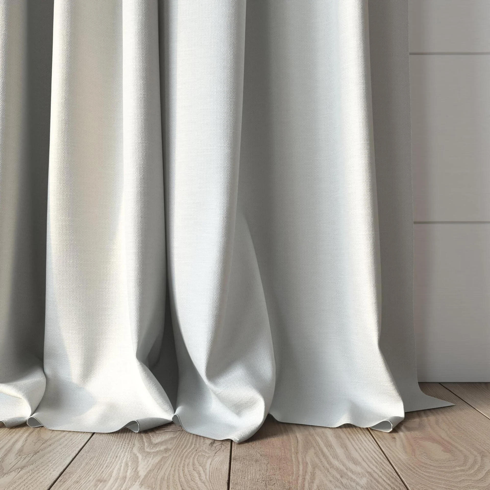 Bottom view of Colourwash Eco Marshmallow, puddled, on curtain rod