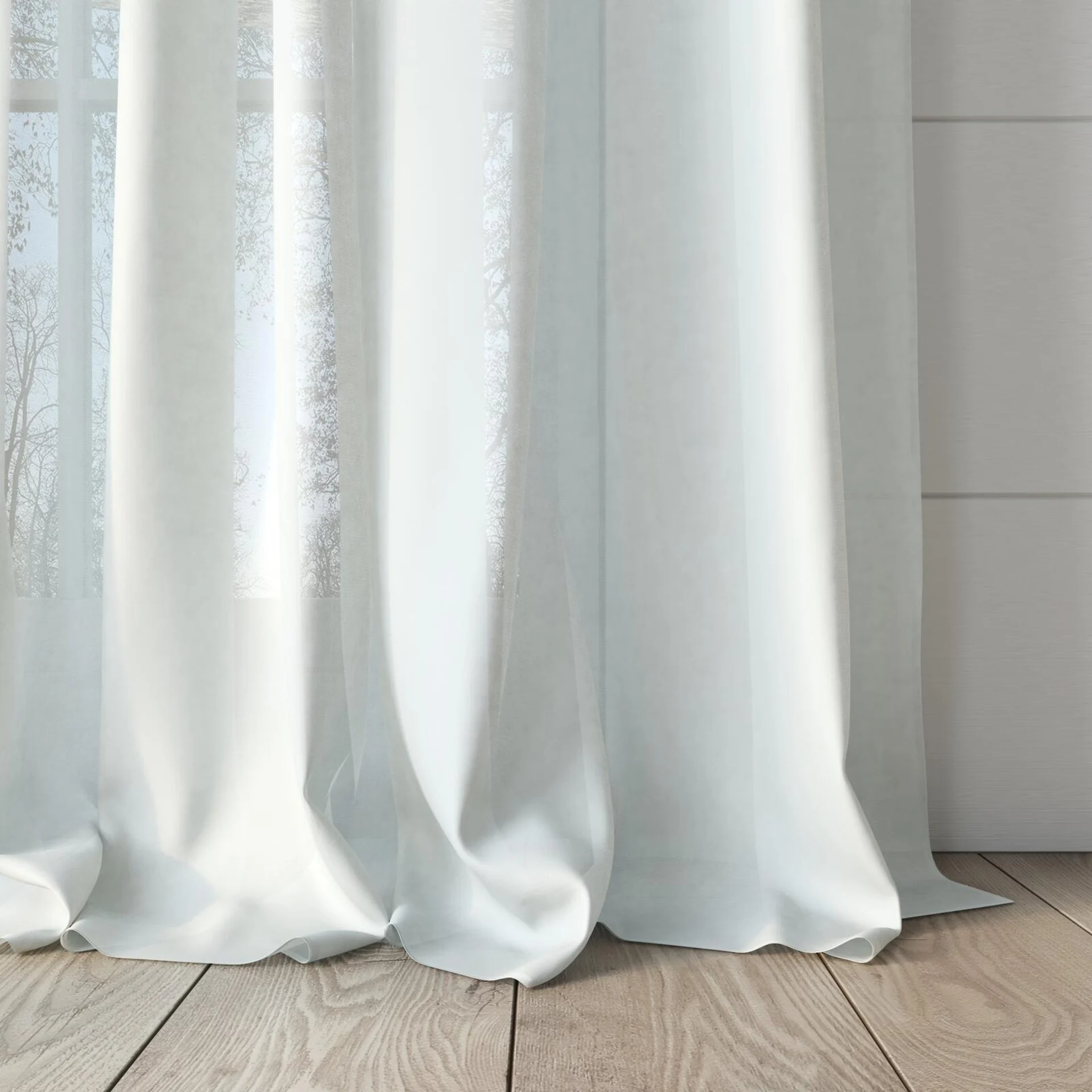 Bottom view of Flo II Nougat, puddled, on curtain rod