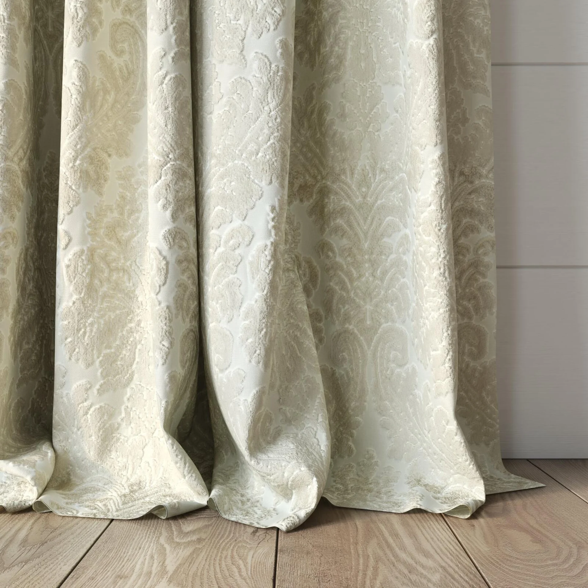 Bottom view of Gosh Champagne, puddled, on curtain rod