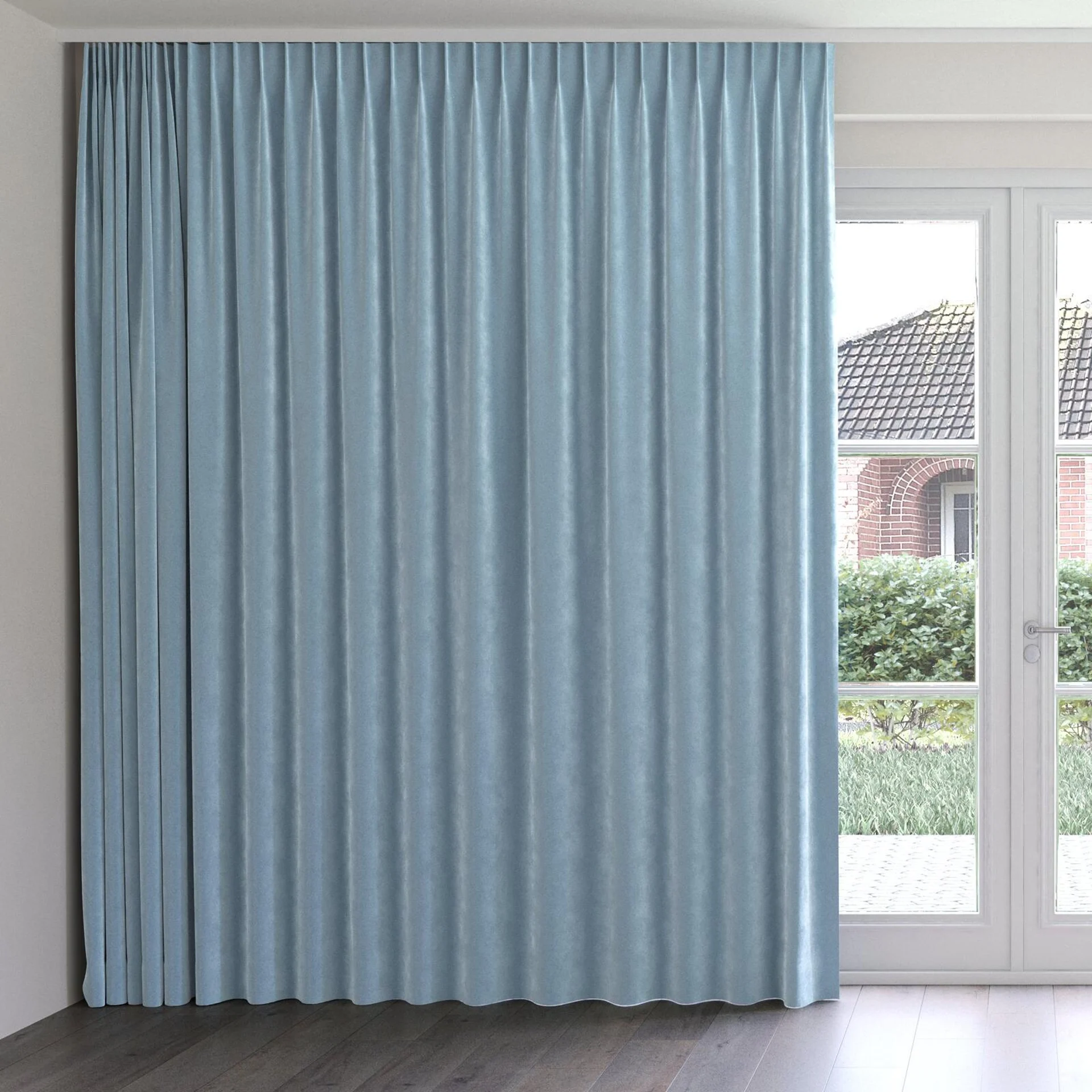 Front view of Lux Velvet Sky 8804, on curtain rail