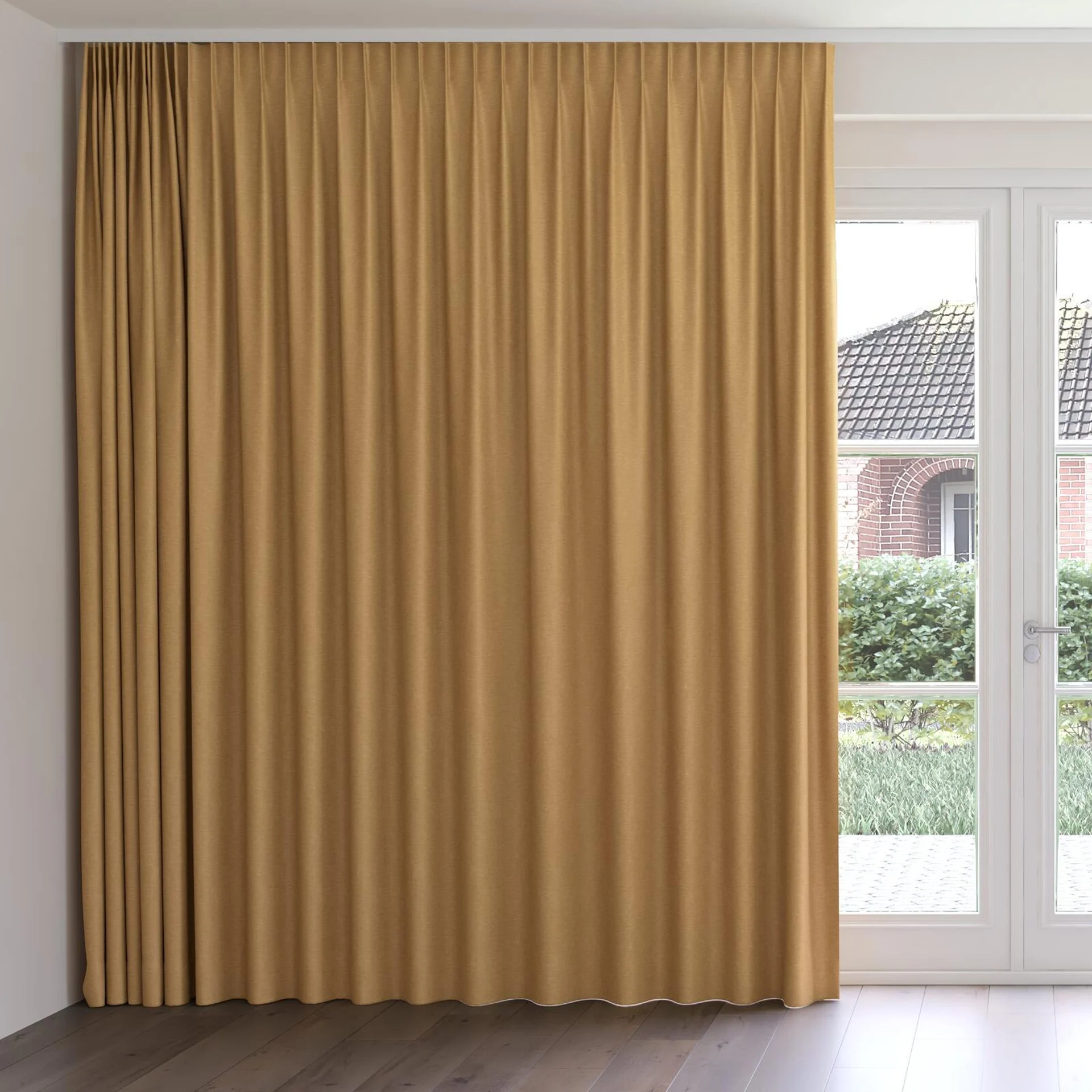 Front view of Colourwash Eco Butterscotch, on curtain rail
