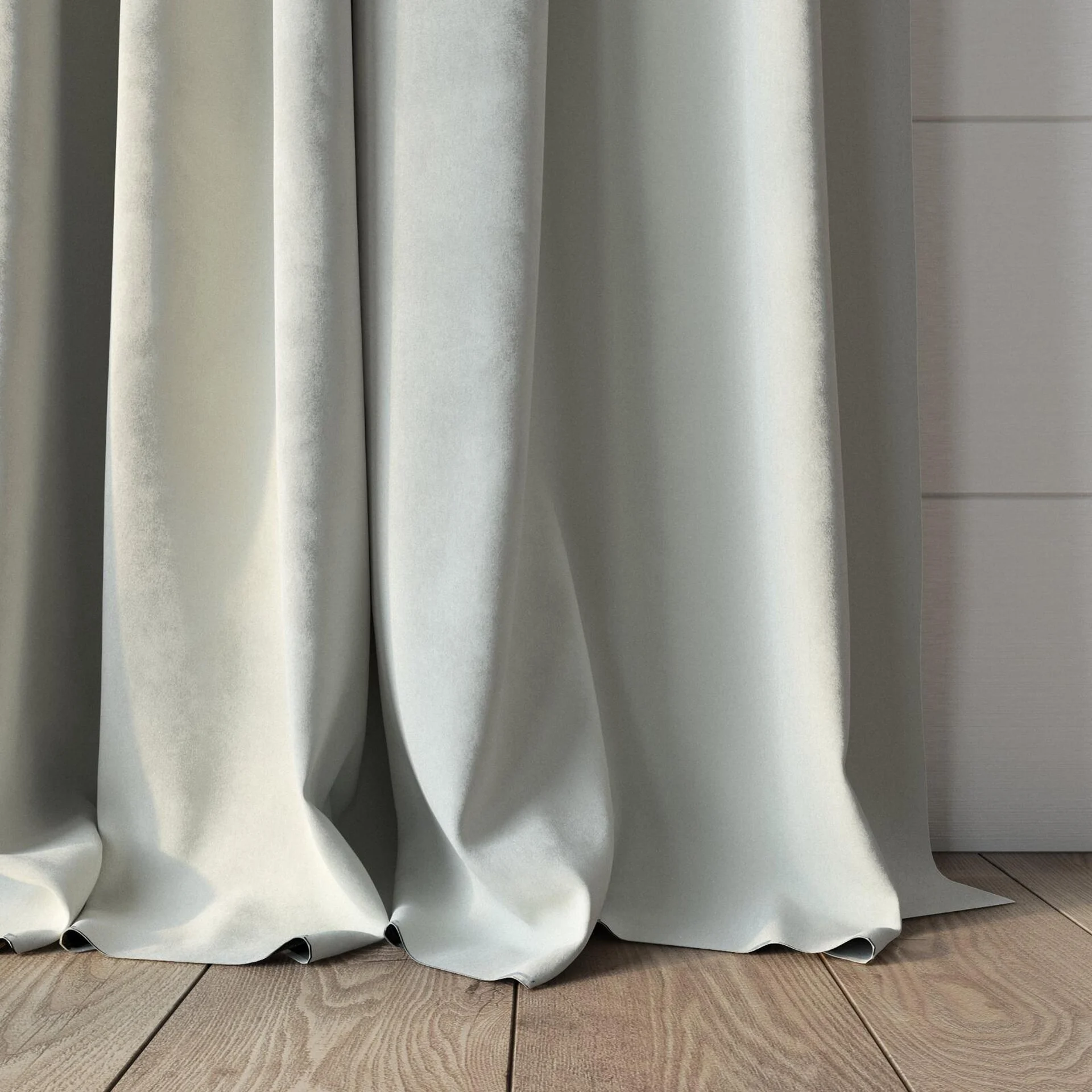 Bottom view of Lux Velvet White 8308, puddled, on curtain rod