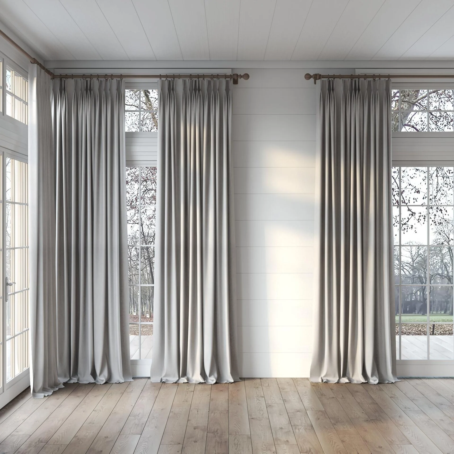 Full view of Lexicon Aluminium, puddled, on curtain rod