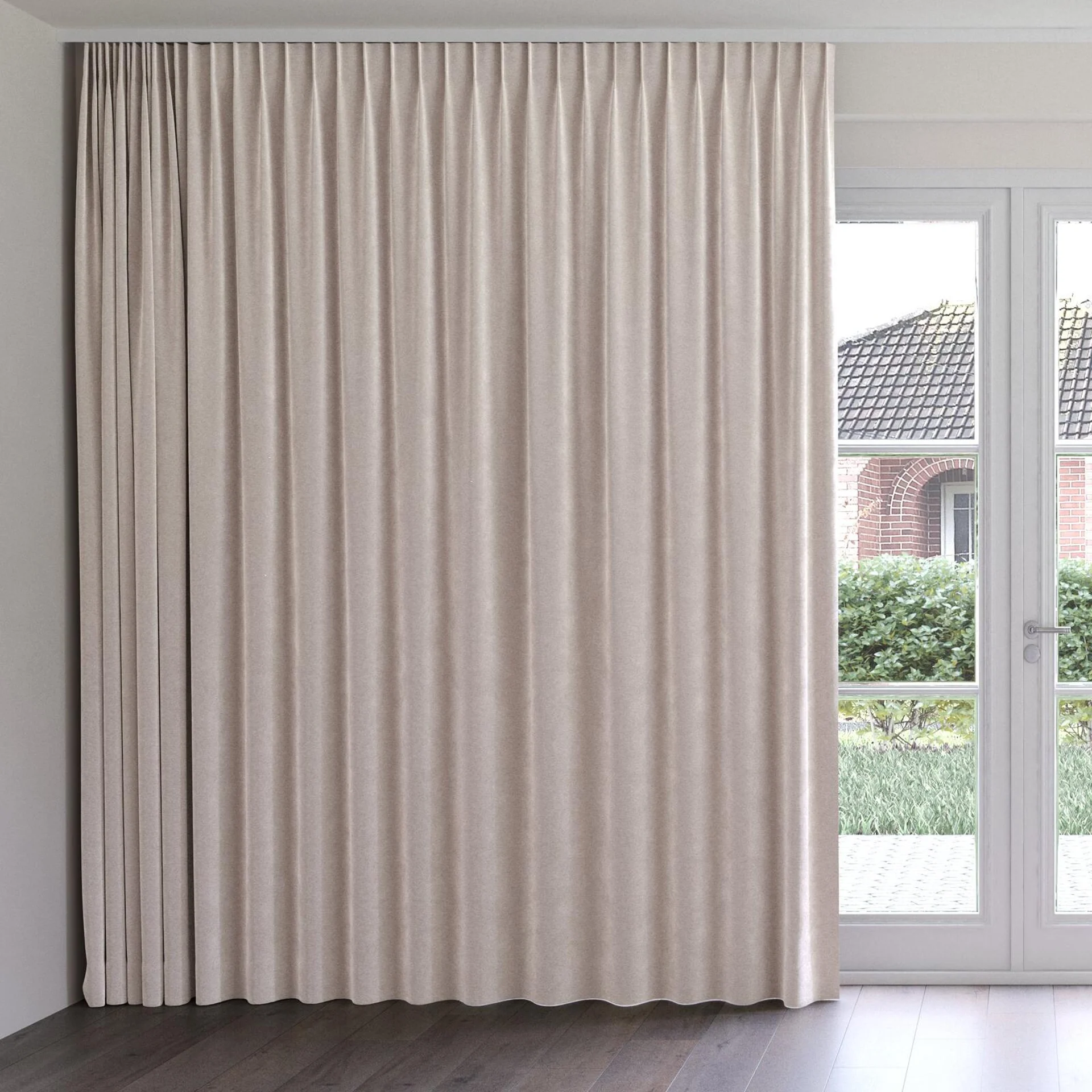 Front view of Geneva Taupe, on curtain rail