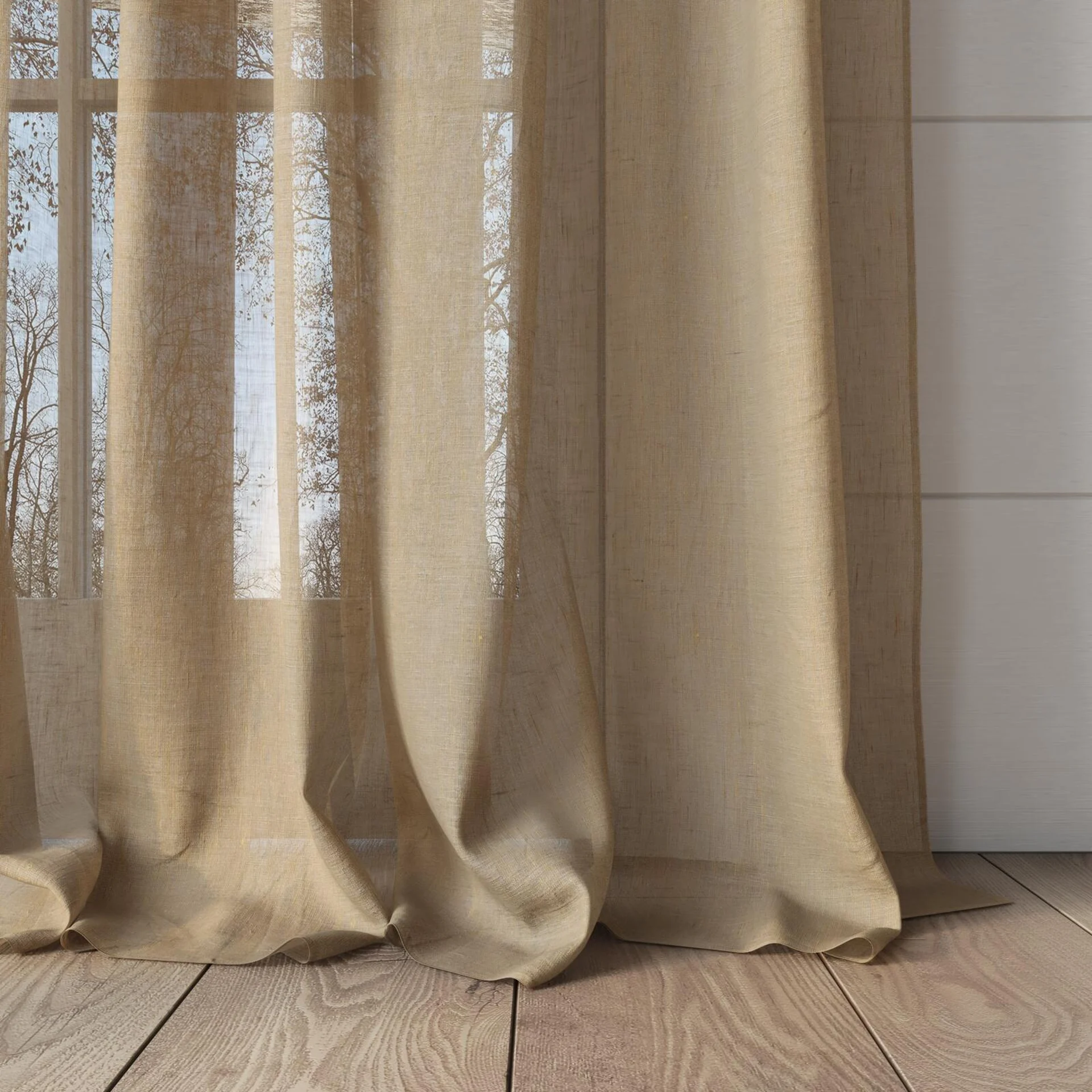 Bottom view of Lino Gold, puddled, on curtain rod