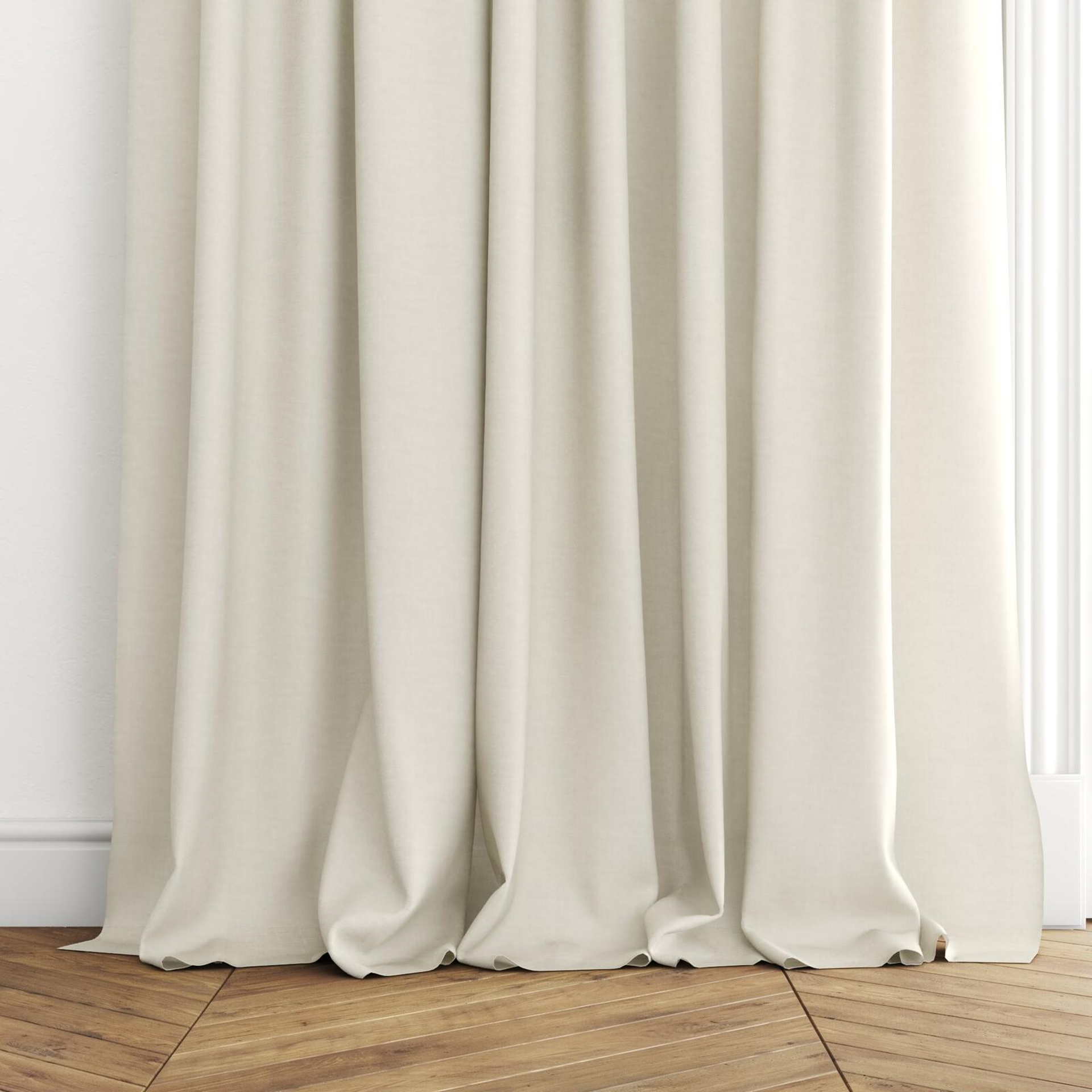 Bottom view of Arcadia Marzipan, puddled with pinch pleat, on curtain rod