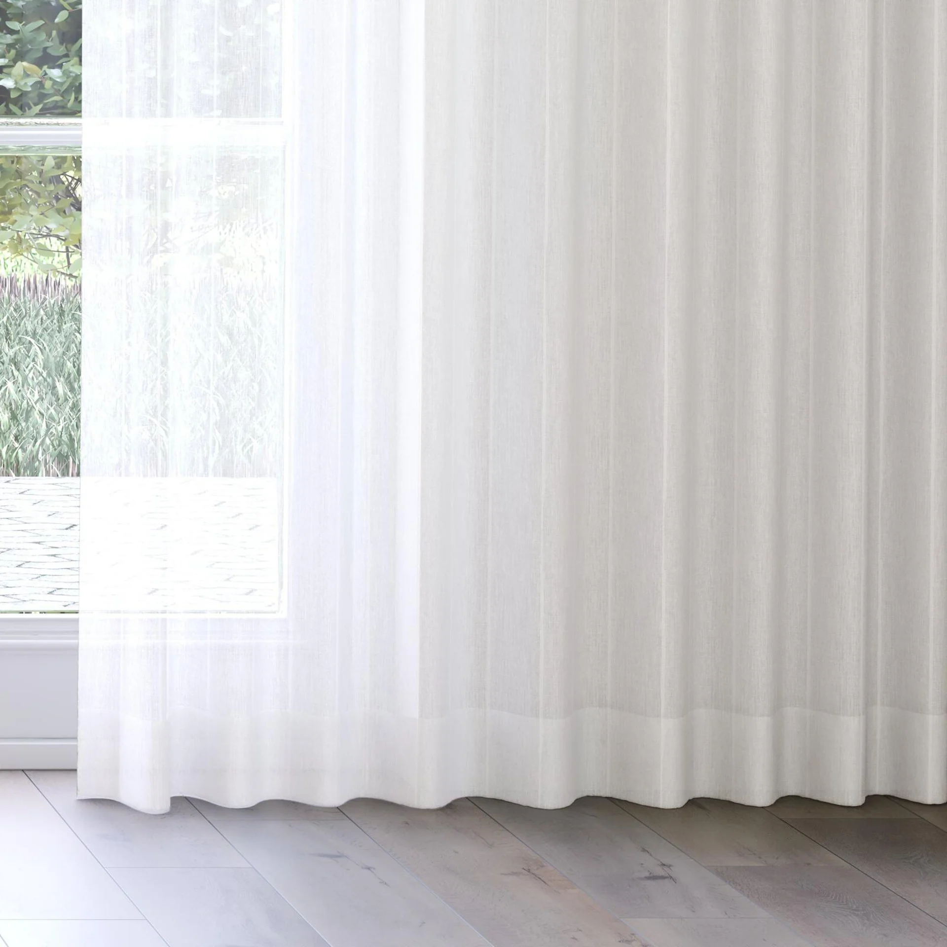 Bottom view of Longitude FR Linen, on curtain rail