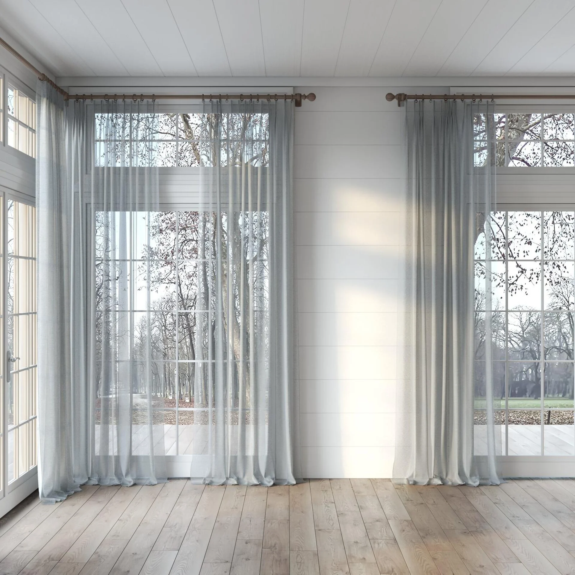 Full view of Realism Silver, puddled, on curtain rod