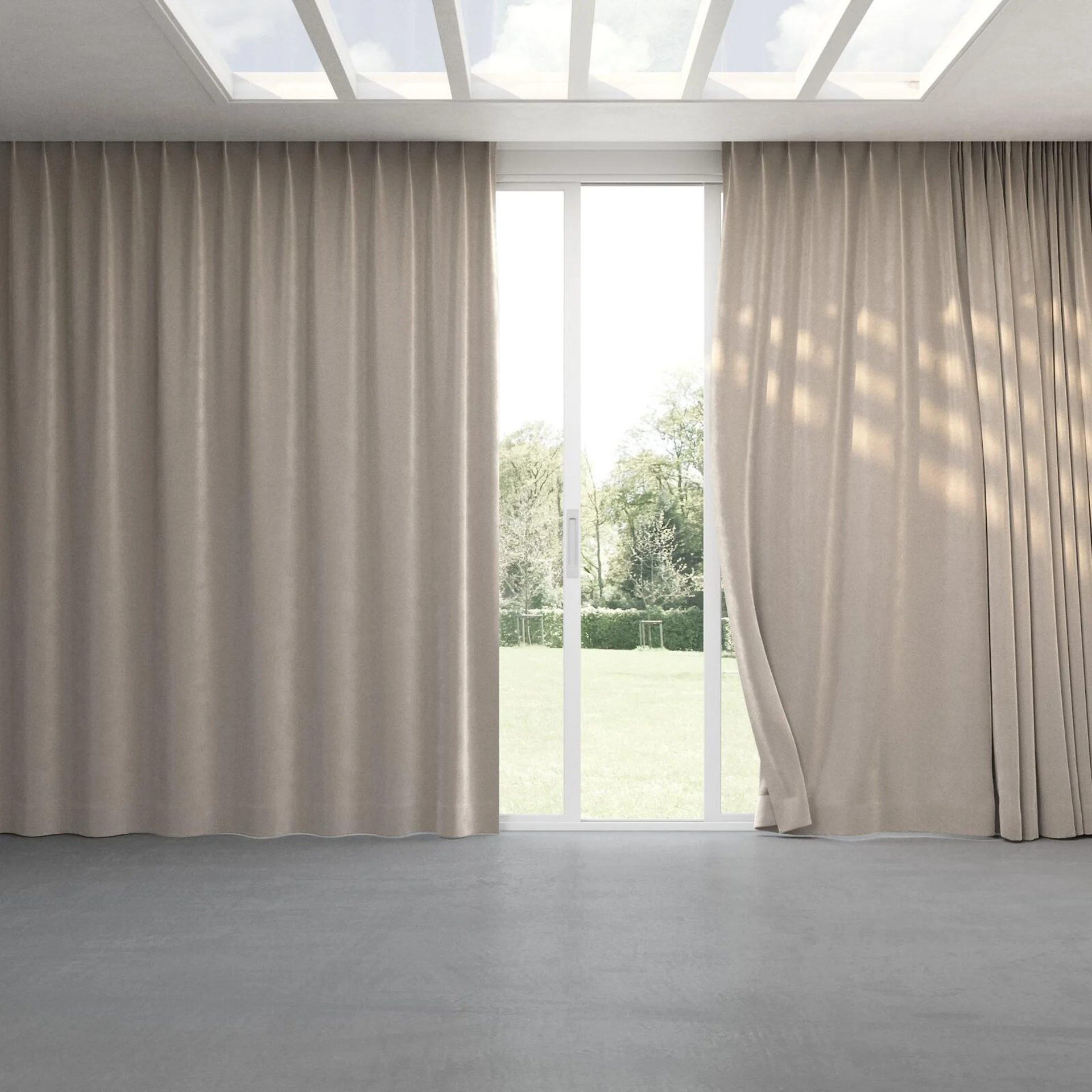 Full view of Velvelux Stucco, pinch pleat