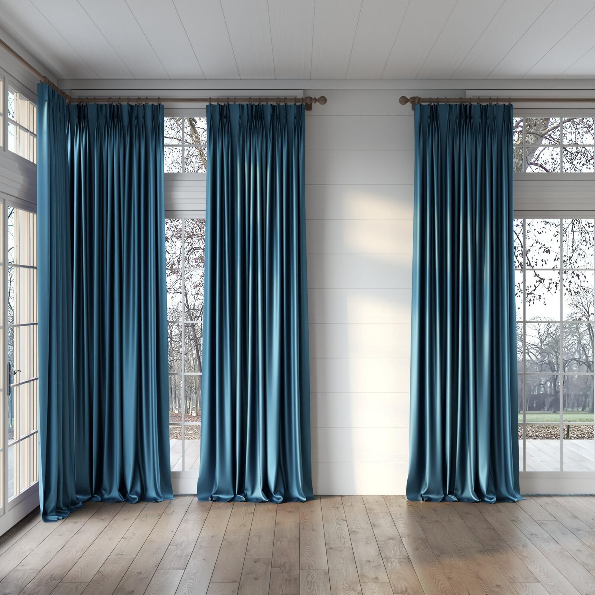 Full view of Moonbeam Ocean, puddled, on curtain rod