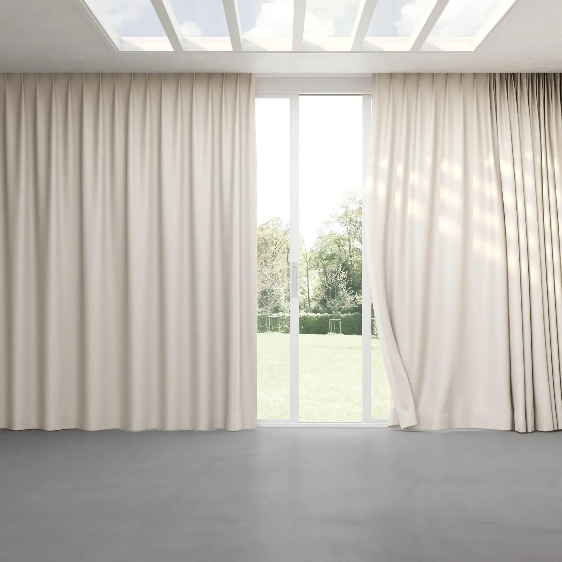 Full view of Stellar Blackout Cream, pinch pleat