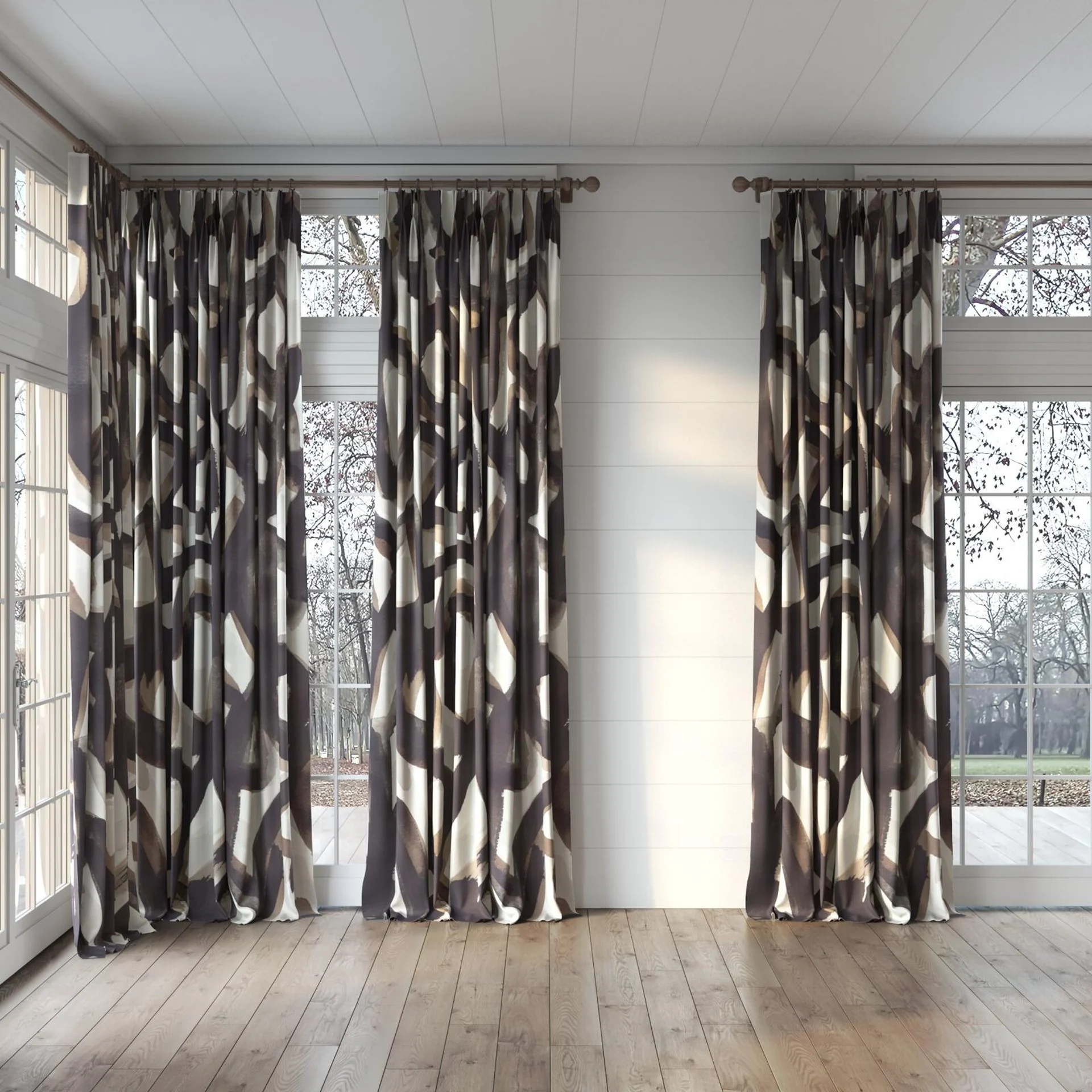 Full view of Abstraction Basalt, puddled, on curtain rod