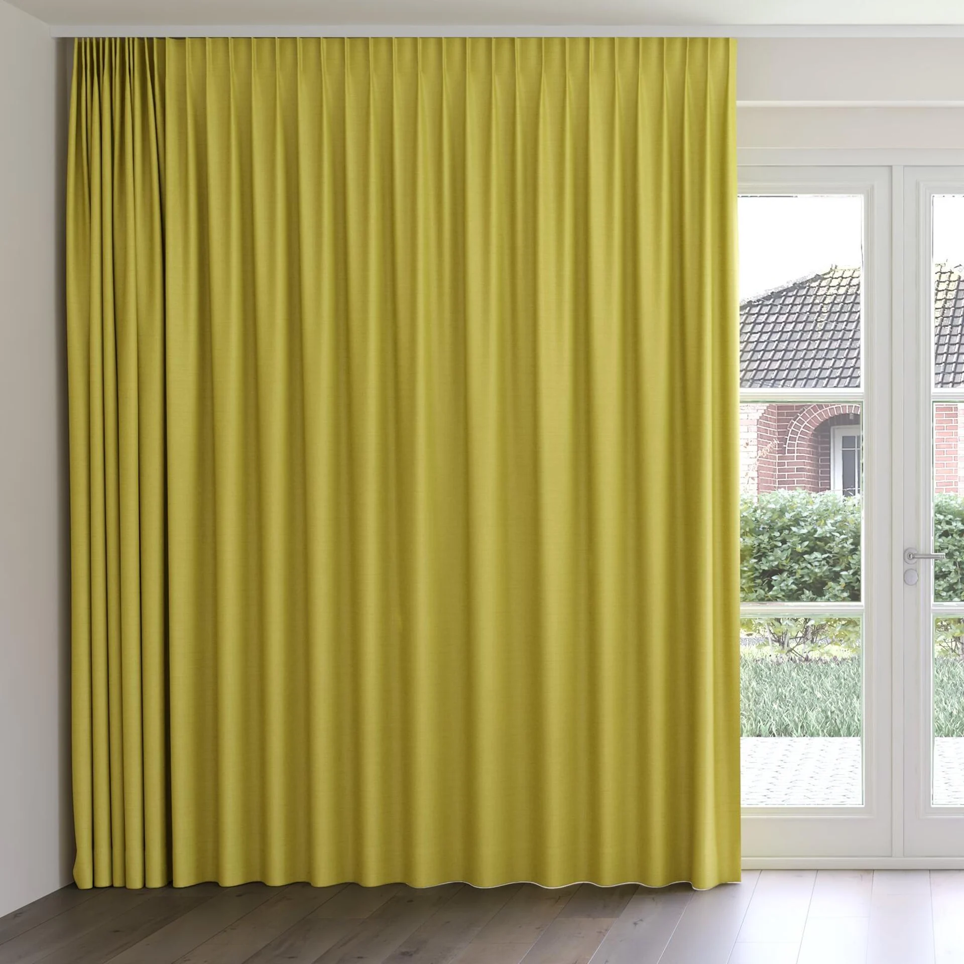 Front view of Linex Chartreuse, on curtain rail