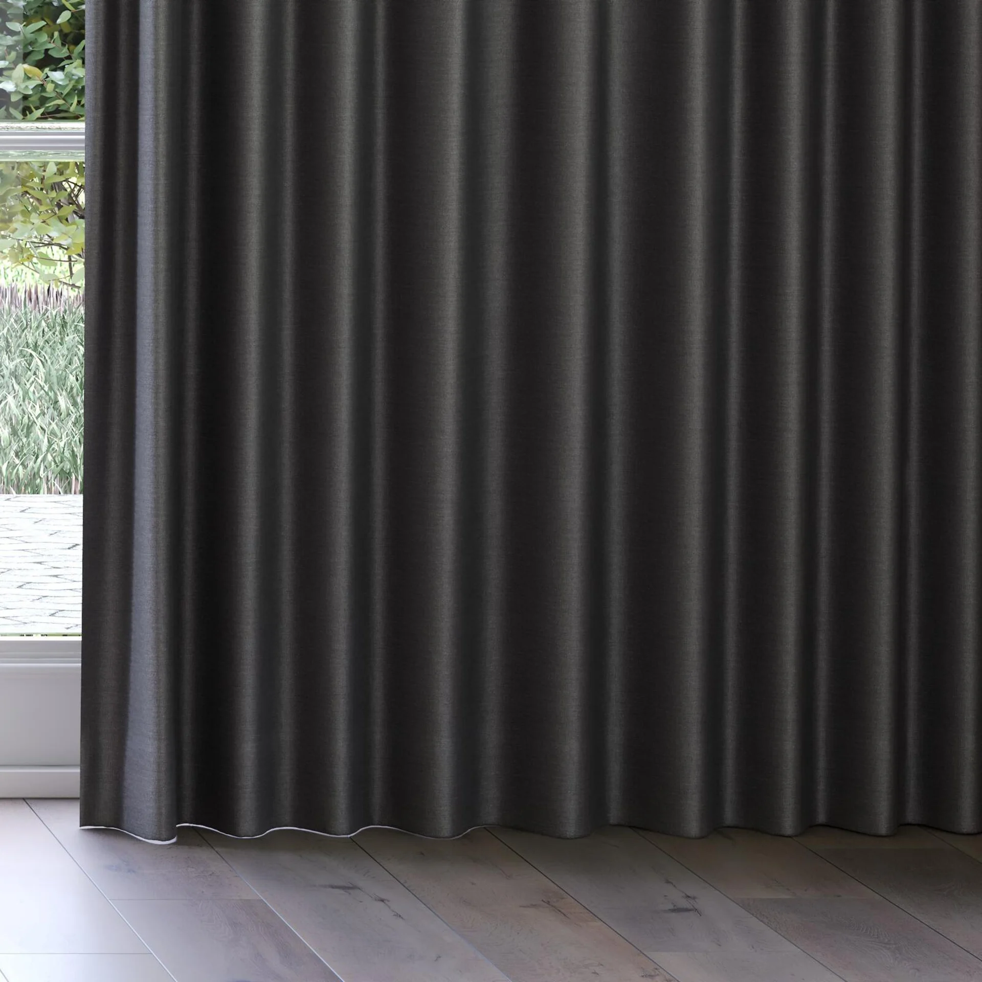 Bottom view of Linex Charcoal, on curtain rail