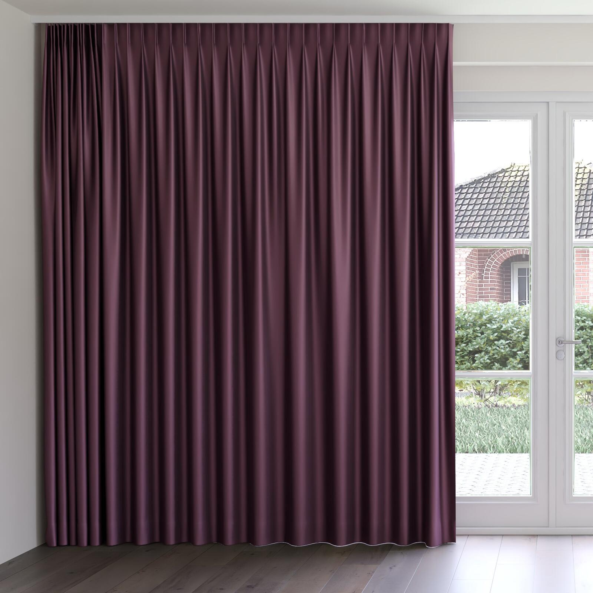 Front view of Moonbeam Eggplant, on curtain rail