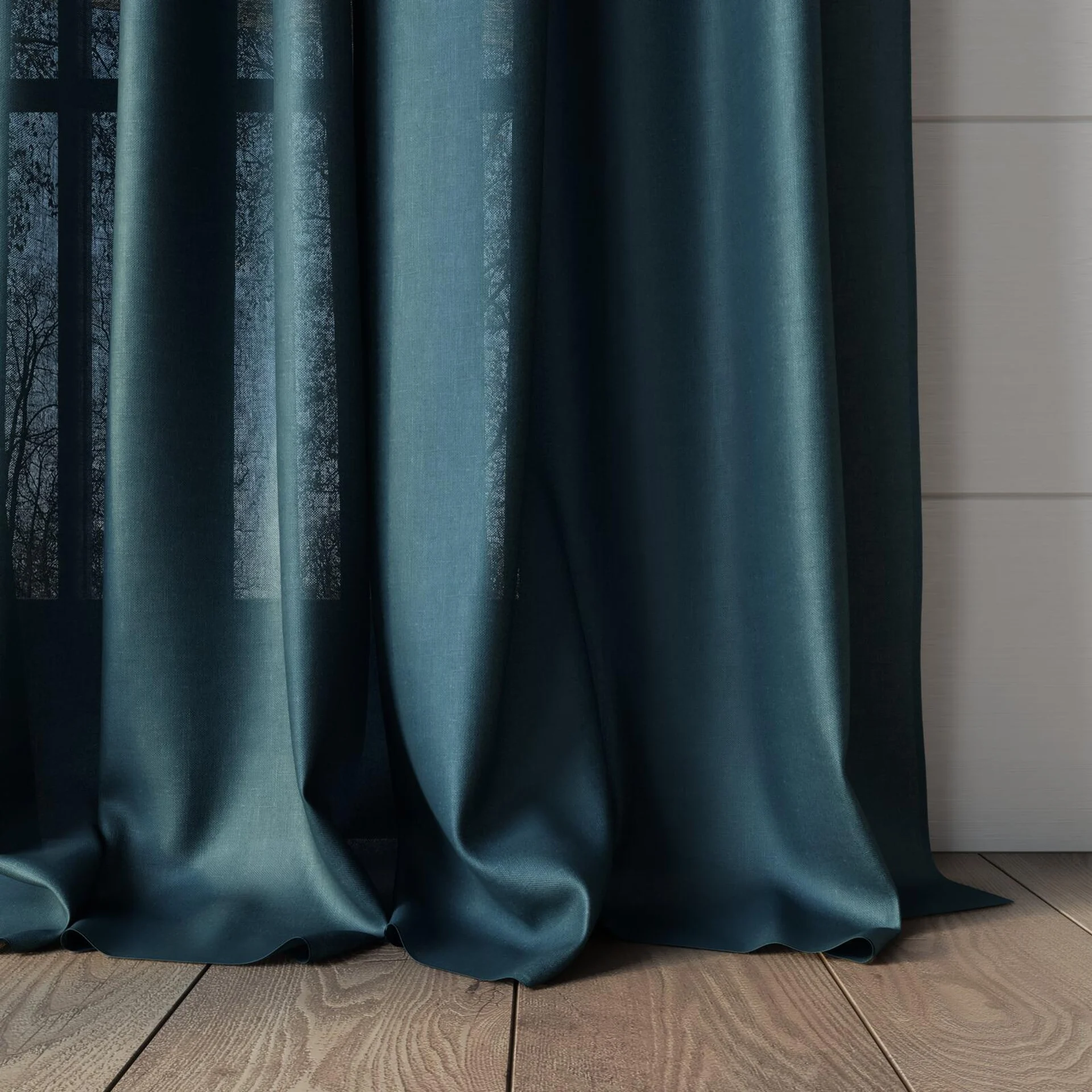Bottom view of Linen Sanctuary, puddled, on curtain rod