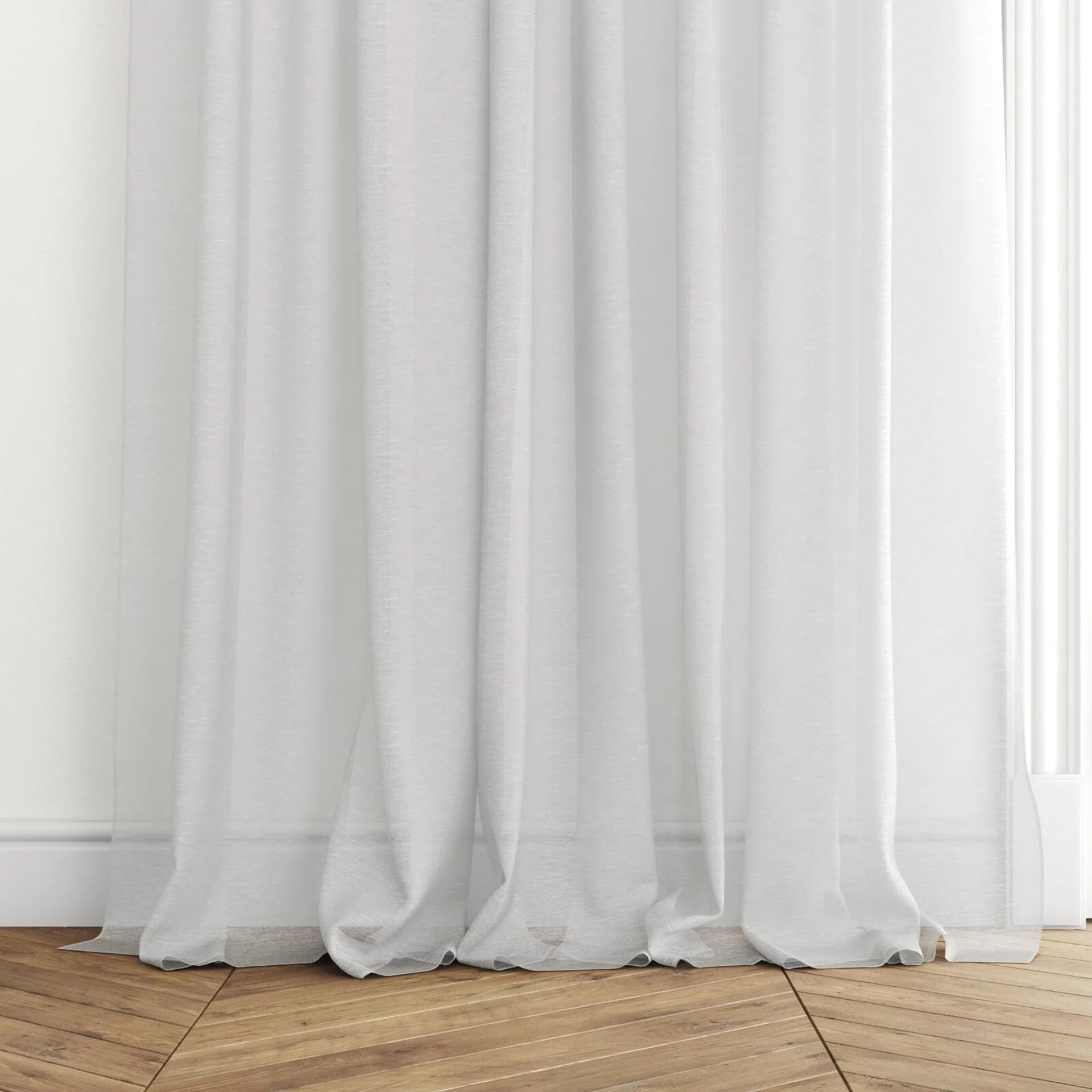 Bottom view of Locomotion Snow, puddled with pinch pleat, on curtain rod