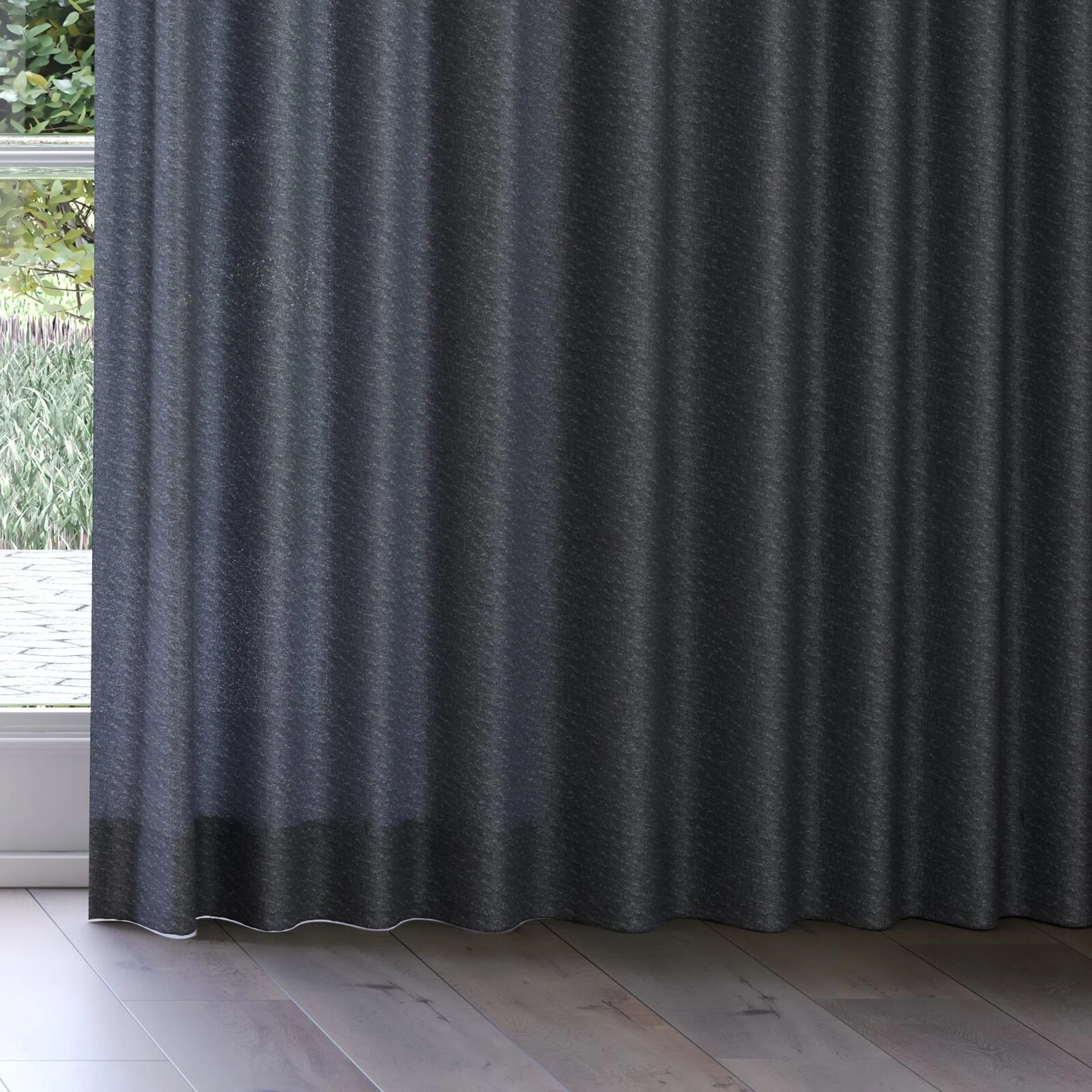 Bottom view of Metallique Obsidian, on curtain rail