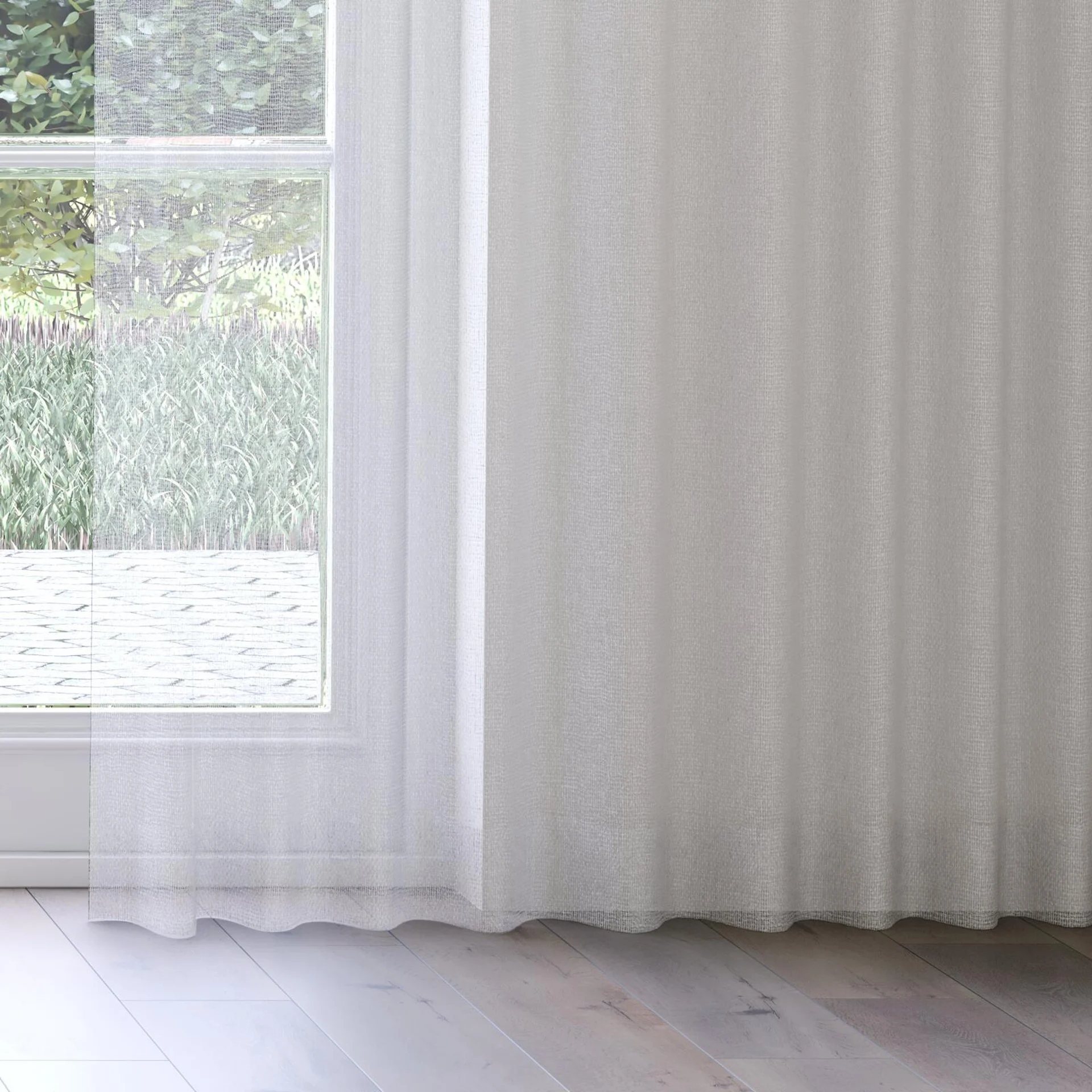 Bottom view of Kensho Dove Grey, on curtain rail