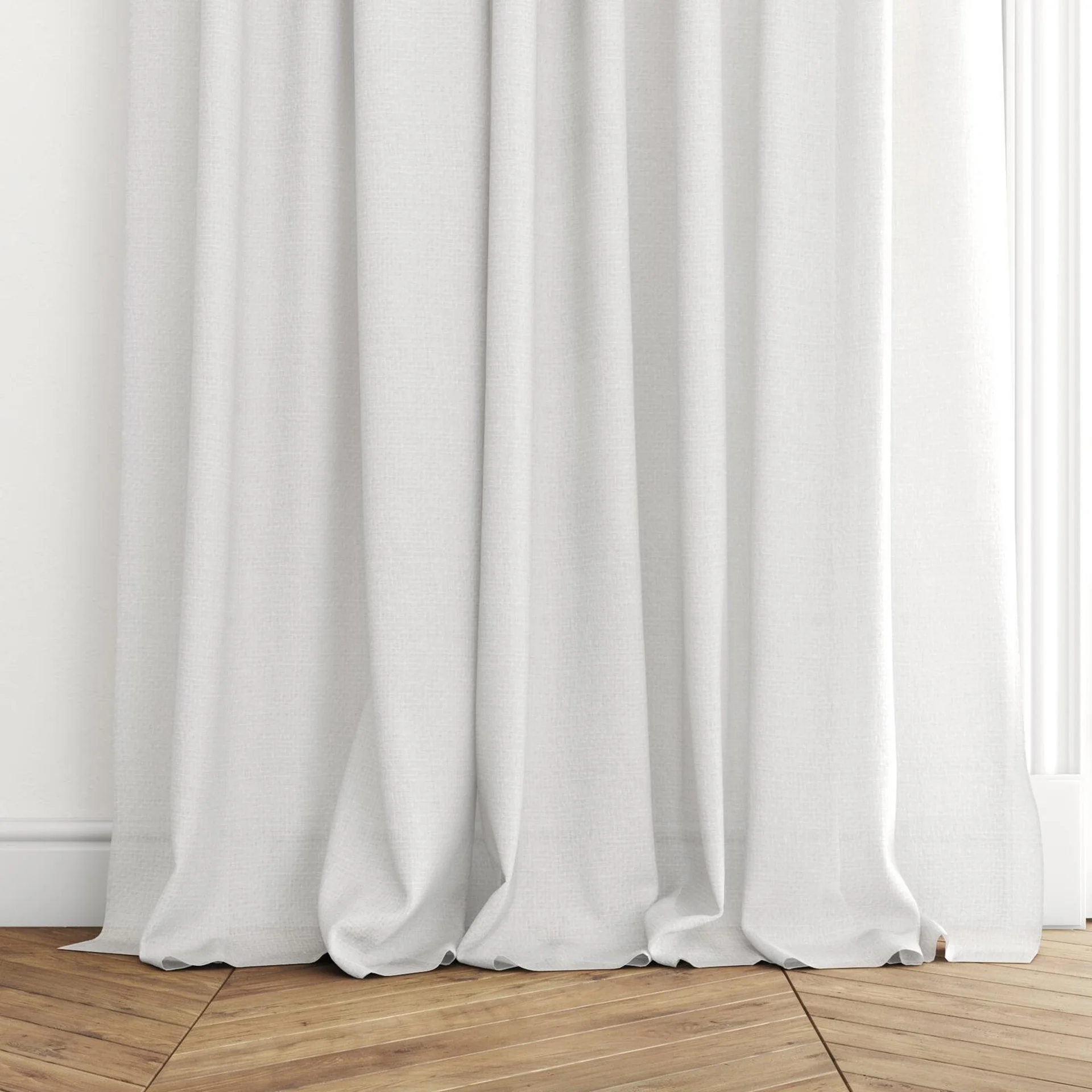 Bottom view of Origami Pearl, puddled with pinch pleat, on curtain rod