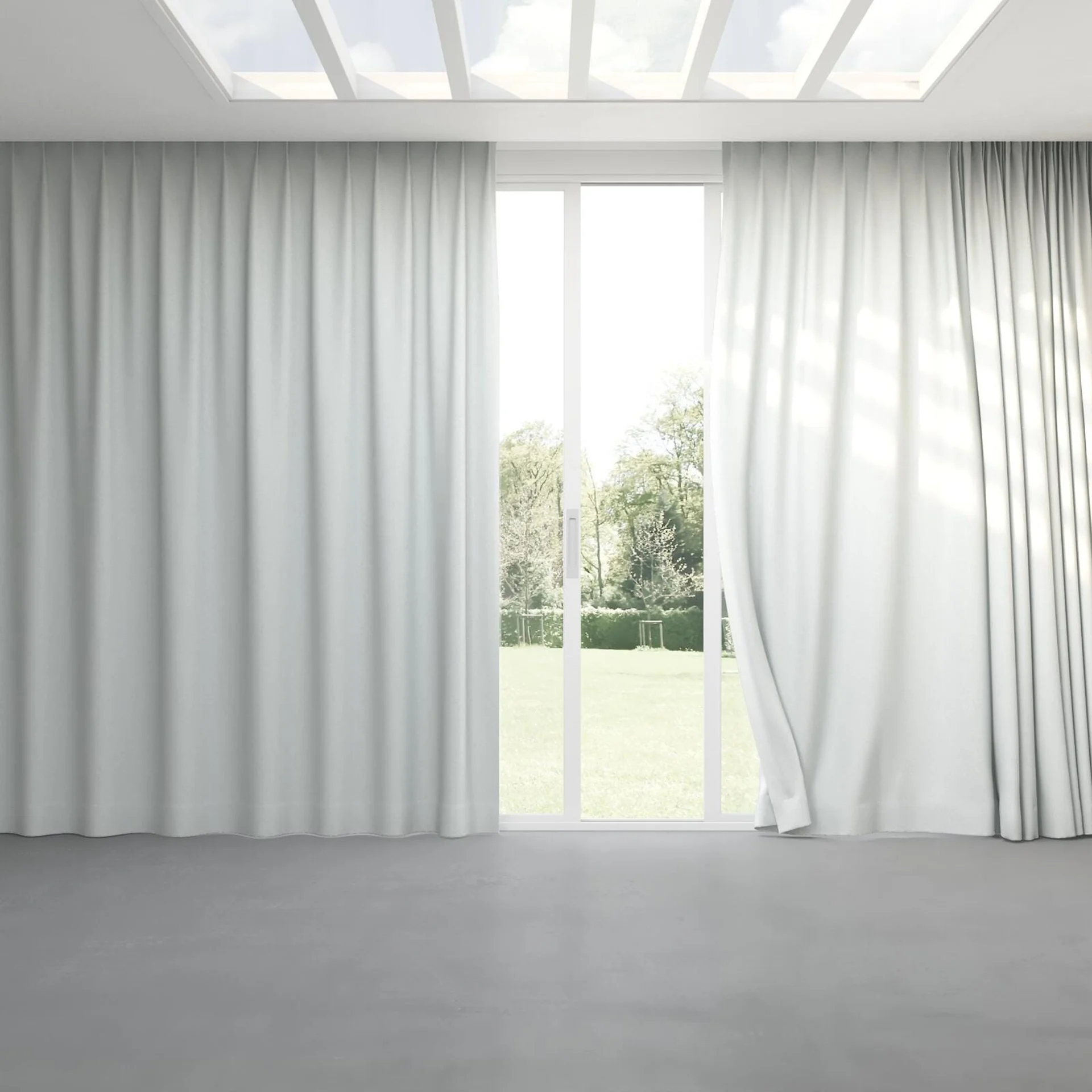 Full view of Retreat II Pebble, pinch pleat