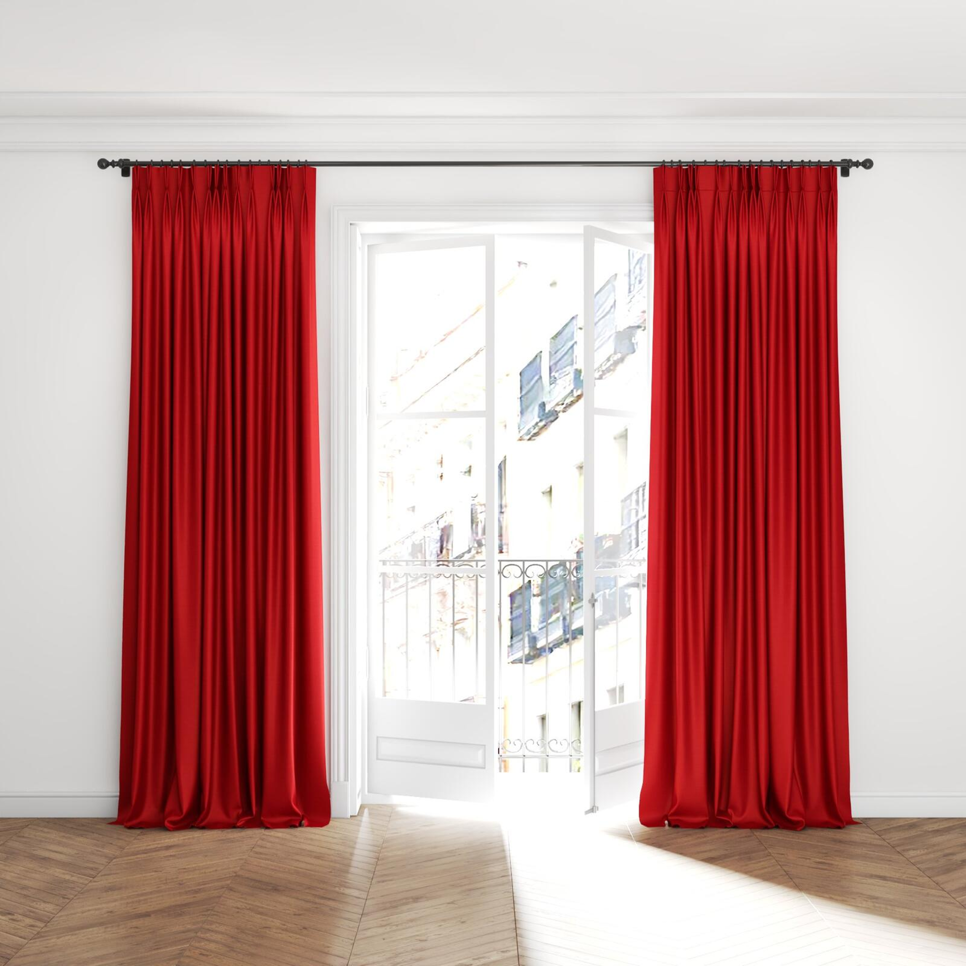 Full view of Silky Poppy, puddled with pinch pleat, on curtain rod